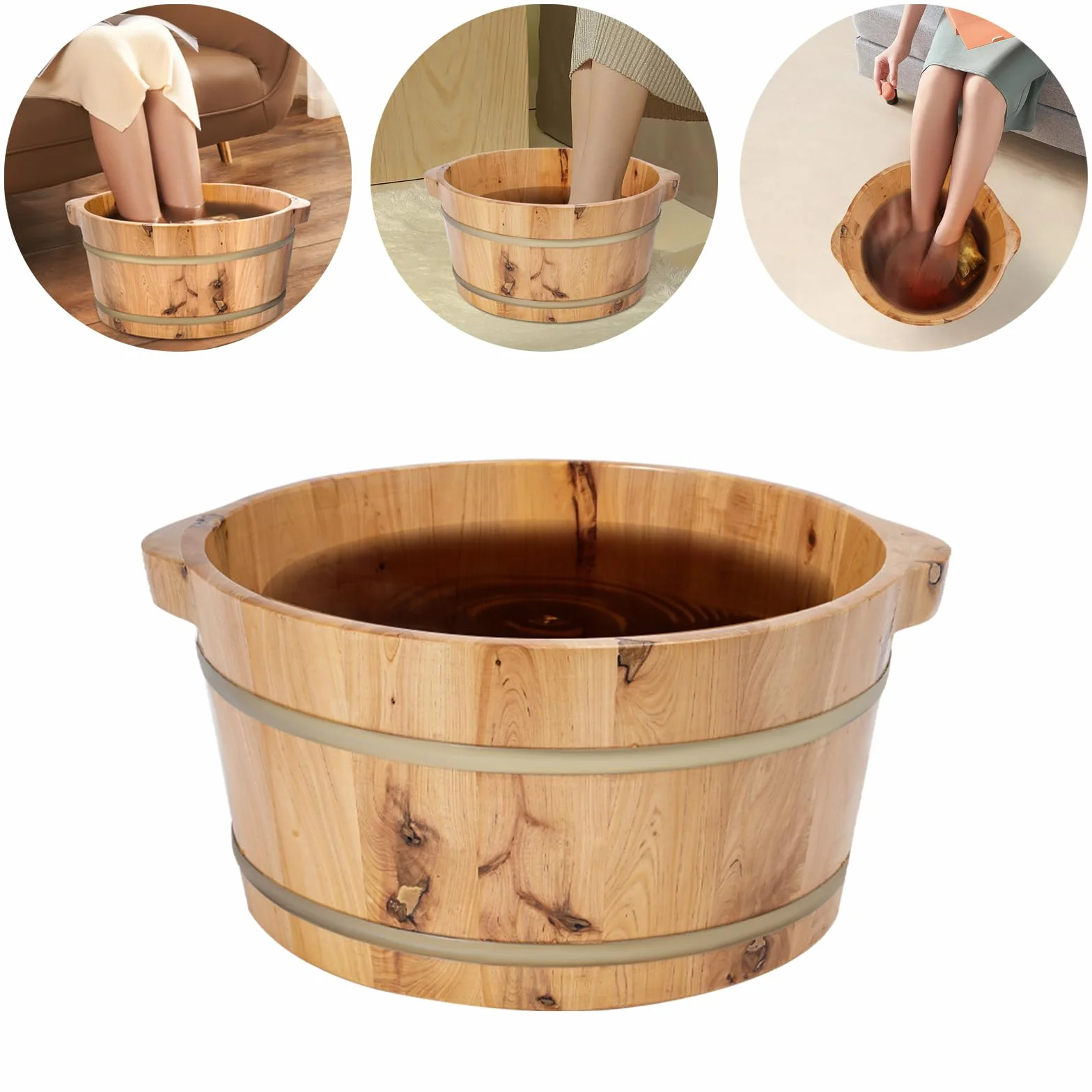Bañera de pies de madera, cubo redondo para lavar los pies, para familias, baños de pies, sauna y hoteles, 36,5 x 18 cm