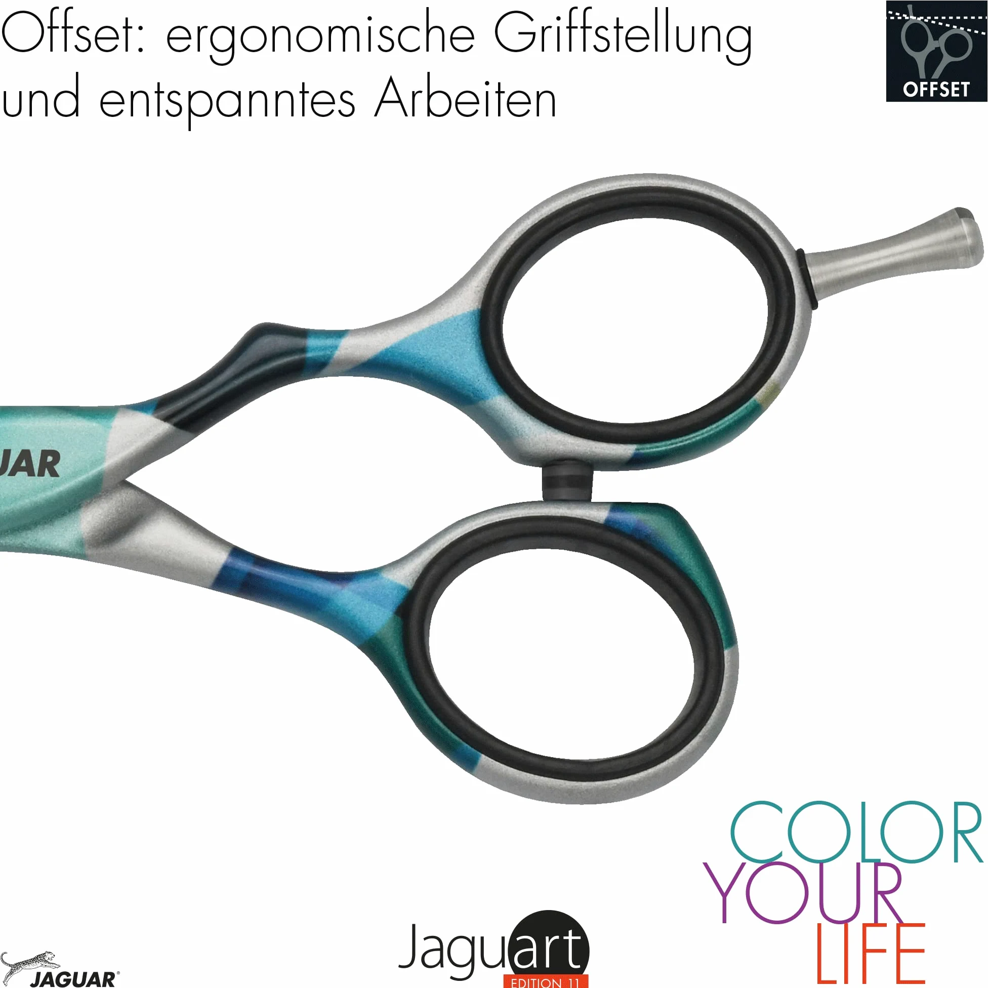 JAGUAR Tijeras para el pelo JaguART IN MOTION 5.5" | Tijeras de peluquería con diseño offset | aRecubrimiento antialérgico y resistente de alta tecnología con aspecto fotográfica | Made in Germany