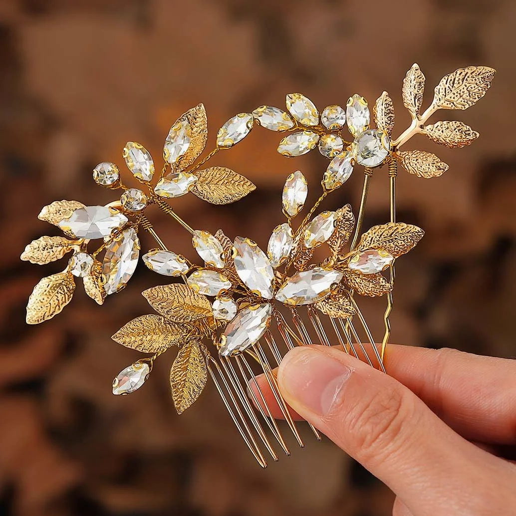 Horquillas para el pelo de novia con diamantes de imitación dorados, accesorios para el cabello de boda para mujeres y niñas (paquete de 3)