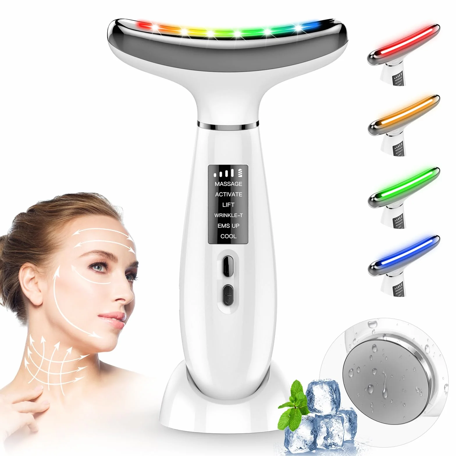 Masajeador Facial Eléctrico, Masajeador Facial Antiarrugas de 6 Modos, Temperatura 45 °C, para Antienvejecimiento, Lifting y Reafirmación de La Piel Flácida (Modo LED de 4 Colores - Blanco)