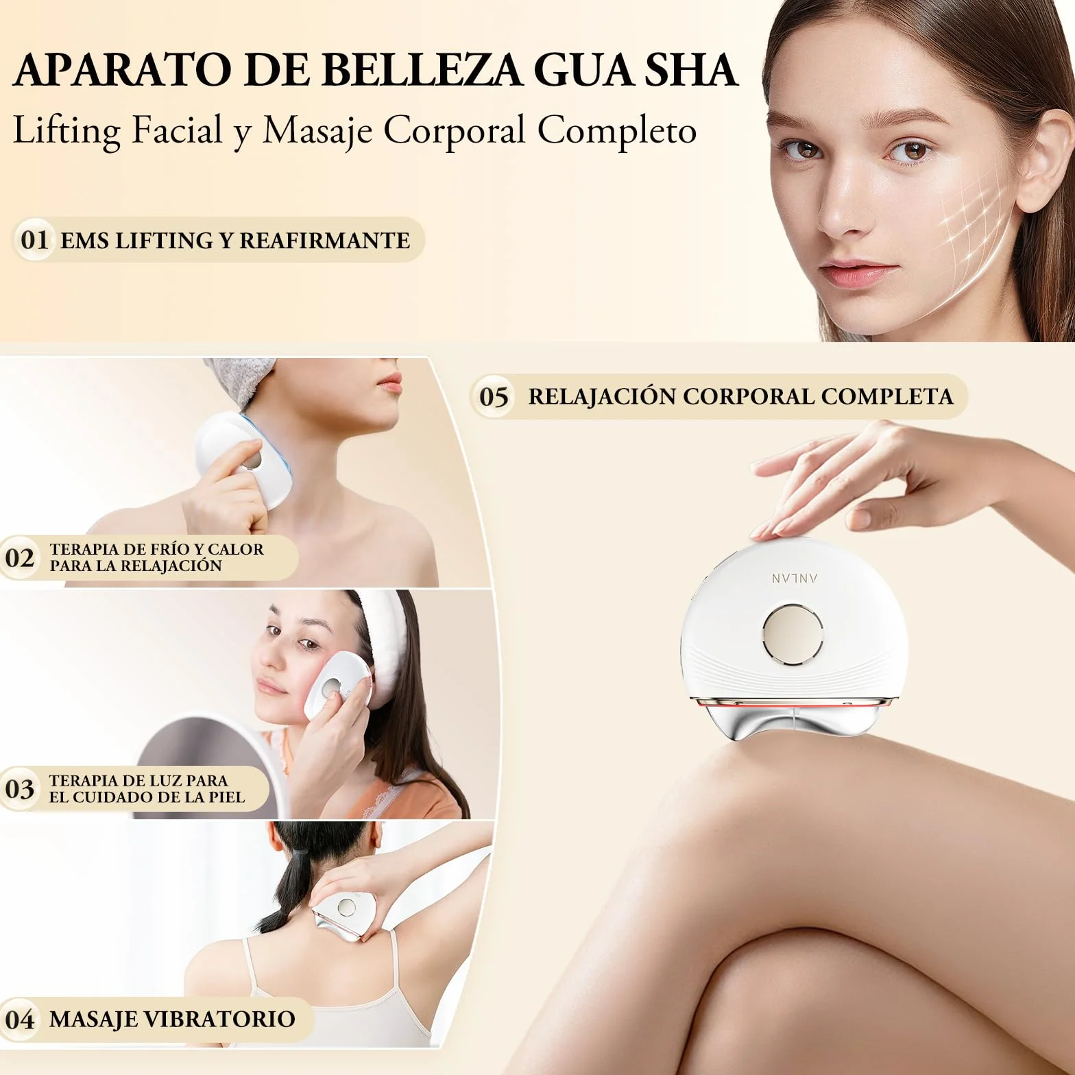 ANLAN Masajeador Facial EMS con Frío Calor, GuaSha Electrico Reafirmante con Luz Azul Violeta Roja para Antiarrugas Lifting Anti-envejecimiento