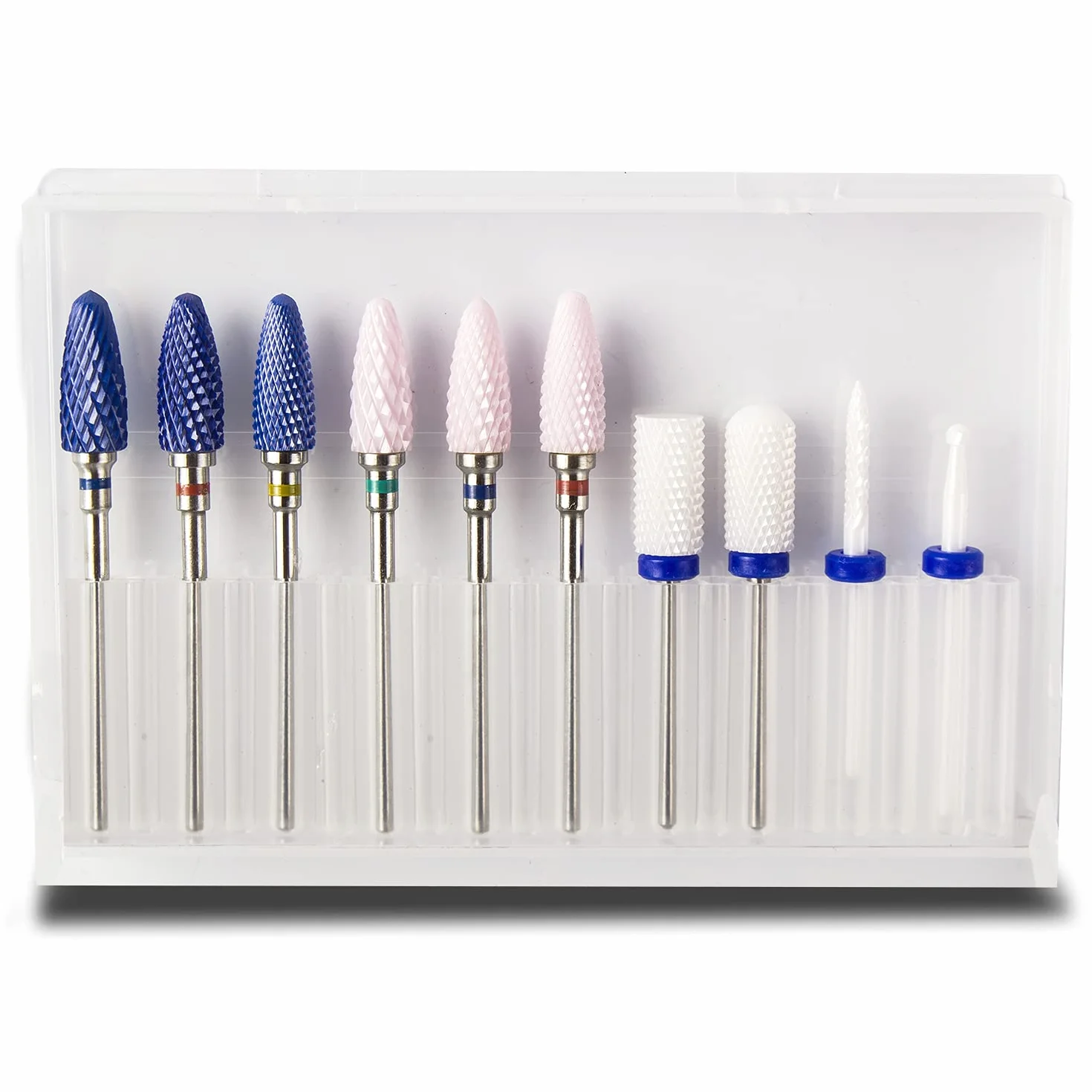 Juego de brocas de cerámica para uñas acrílicas Gel Polish Professional, kit de brocas de uñas Efile de 3/32 pulgadas para herramientas de arte de uñas con soporte, 10 unidades (S10-B)