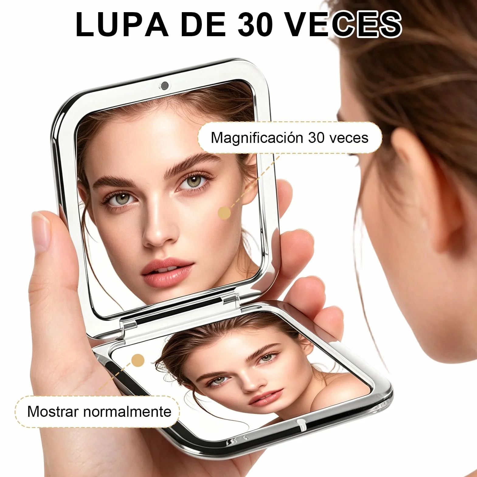 Espejo de Bolsillo 30X Doble Cara Maquillaje 8x8cm Plegable