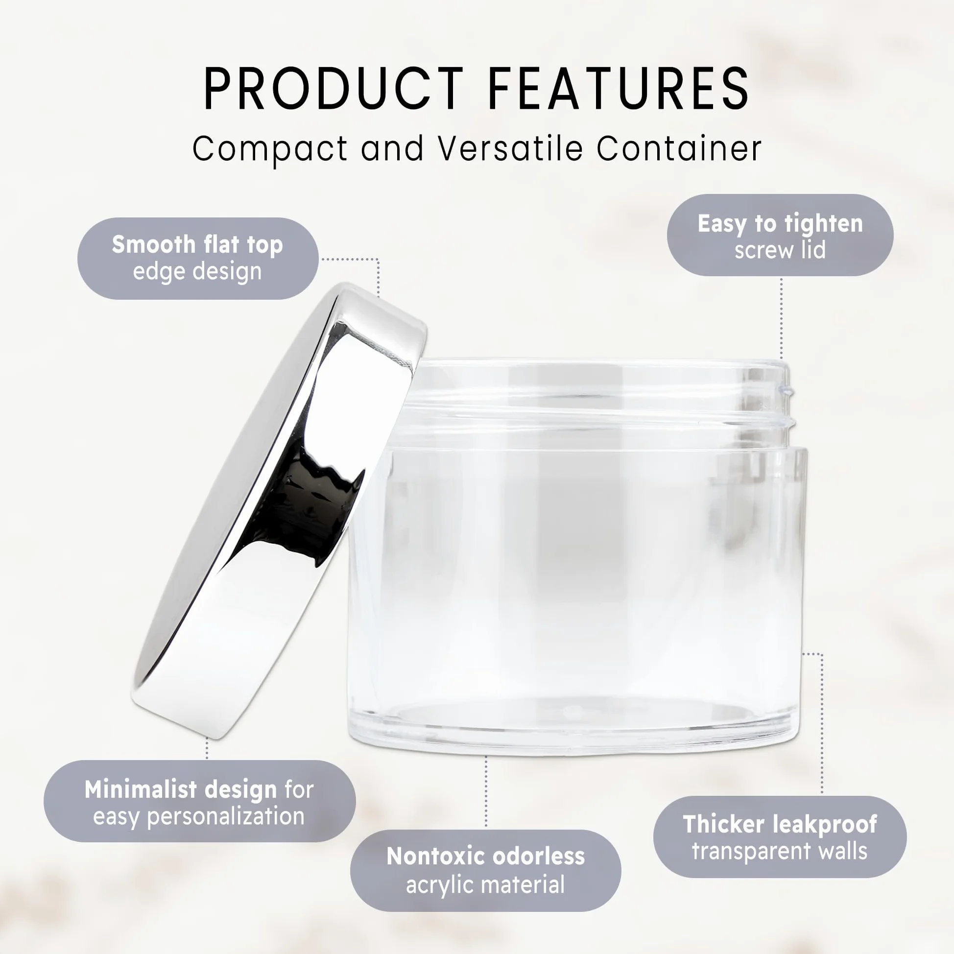 Beauticom 60 g/60 ml Premium redondo transparente a prueba de fugas de plástico frascos para almacenamiento de viaje maquillaje cosmético loción exfoliantes cremas aceites ungüentos plata