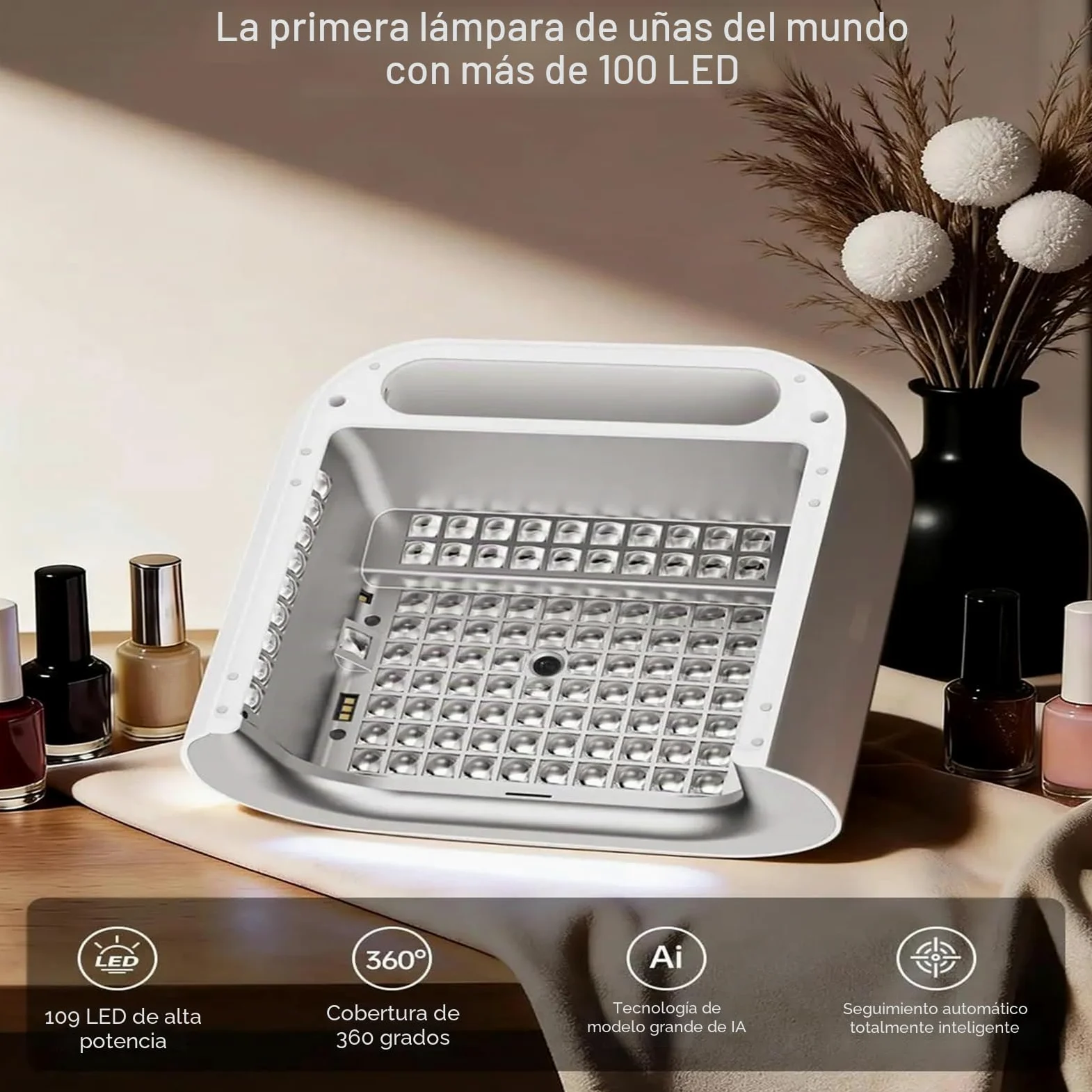 Lámpara de uñas de precisión con IA, Pantalla HD, 109 led para un Secado más rápido, para Uso en Salones y en casa.