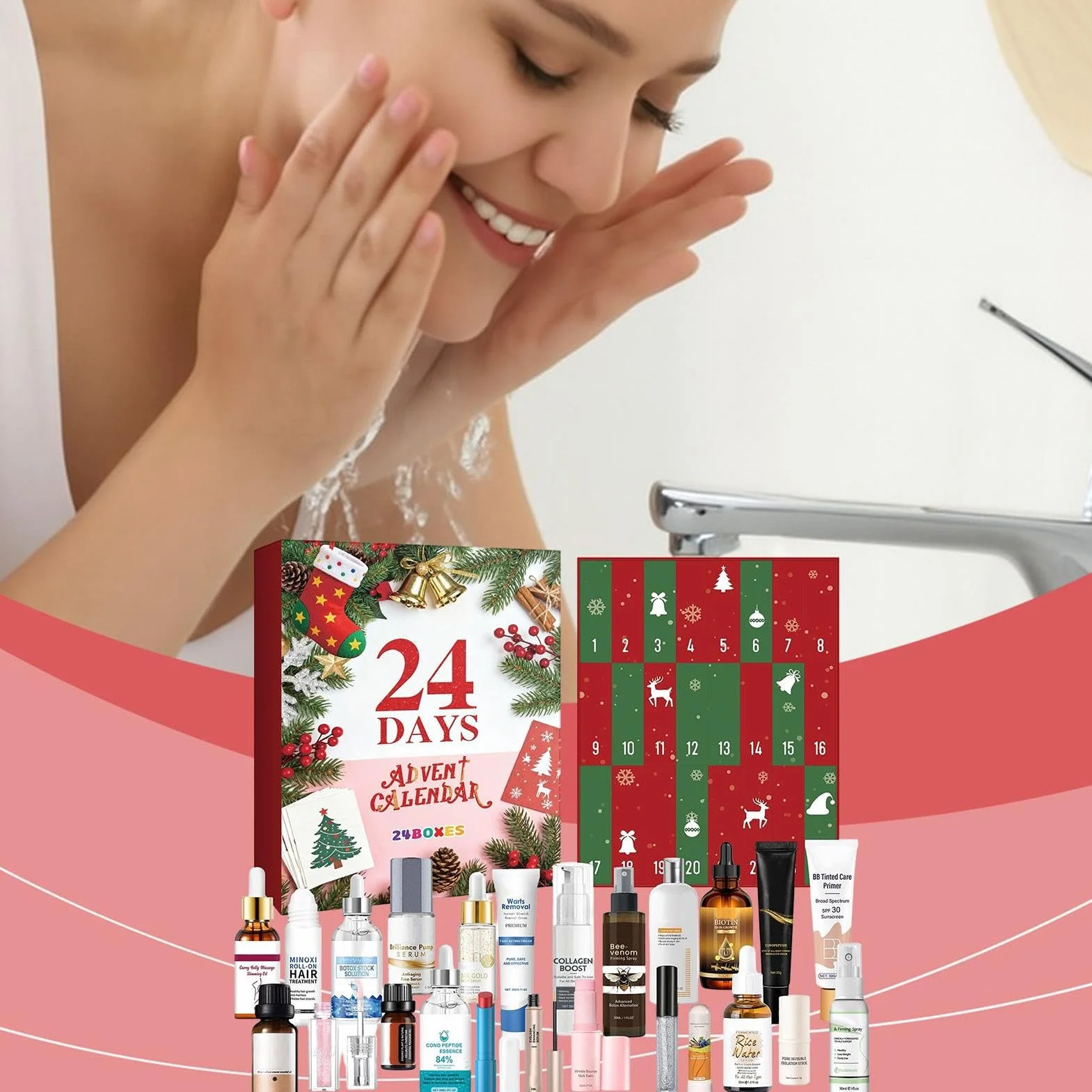 Calendario de Adviento de belleza, calendario de cuenta regresiva de Navidad con 24 cuadrículas para el cuidado de la piel, relleno de calcetines, maquillaje para mujeres, niñas, adolescentes