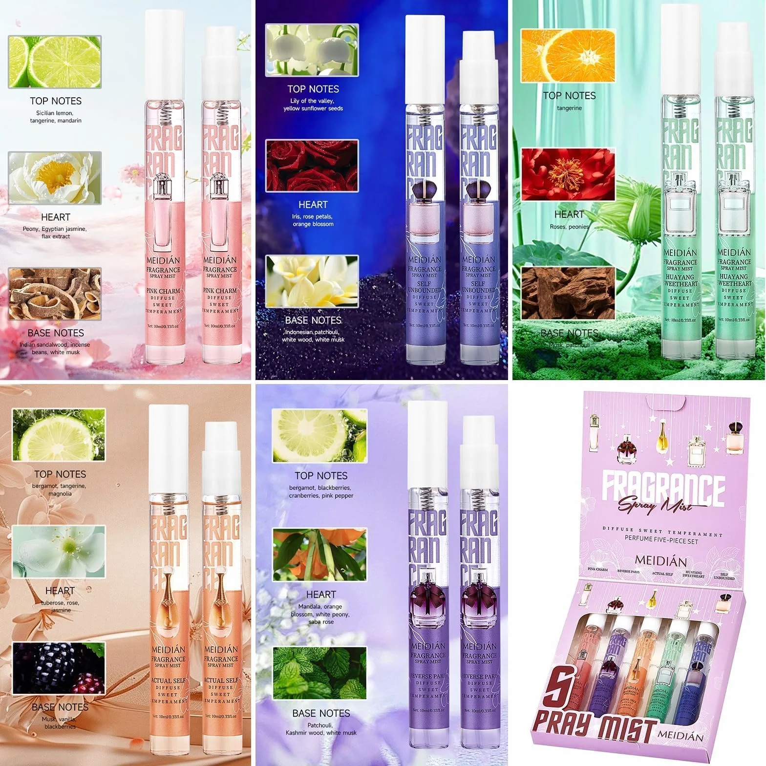 Mini Mist Set de Regalo para Mujer 5Pcs Perfume Corporal y Cabello Fragancia Floral Fresca Duradera
