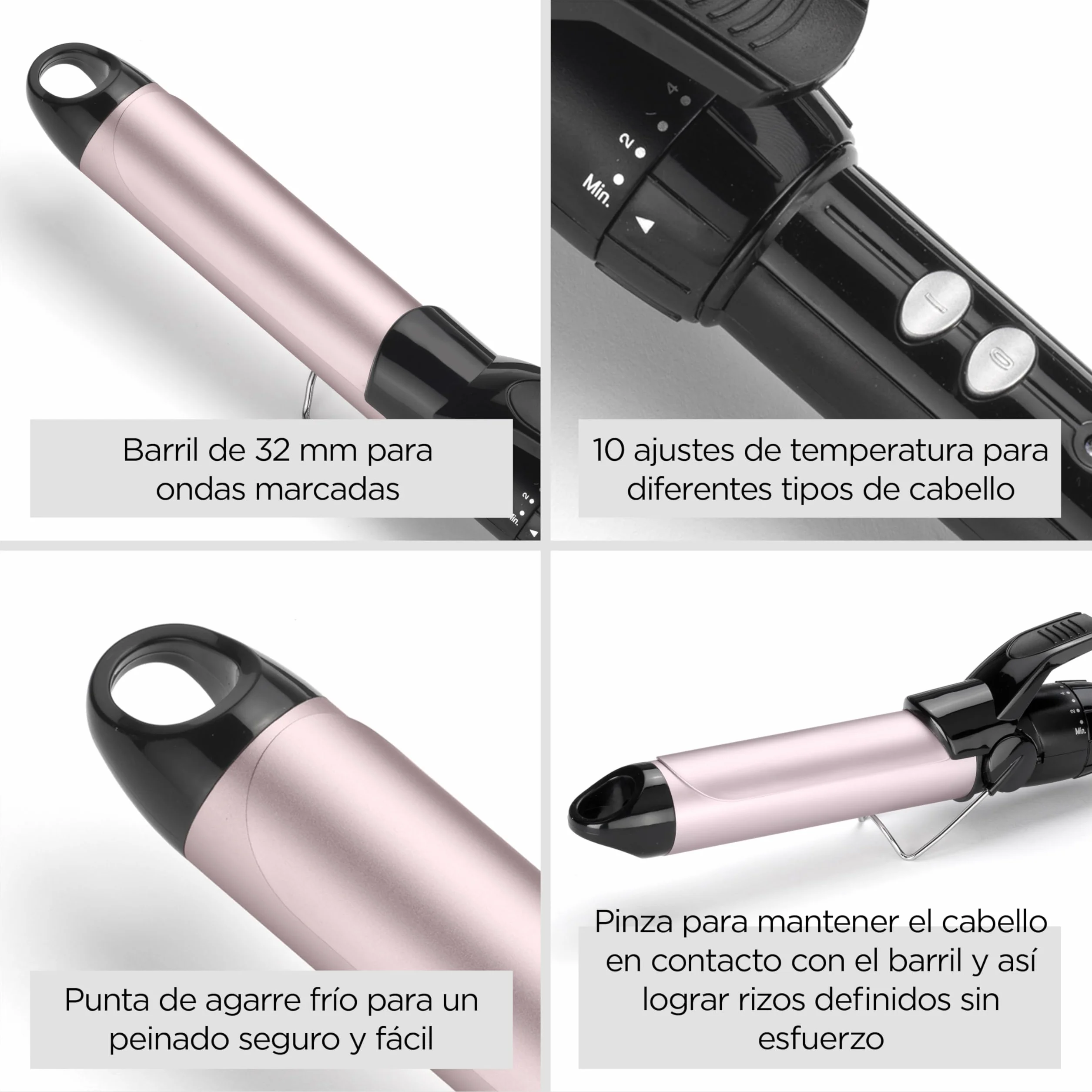 BaByliss Tenacilla 32 mm Rizador de pelo Barril Pro Satin Touch 10 ajustes temperatura Calentamiento rápido Negro rosa C332E