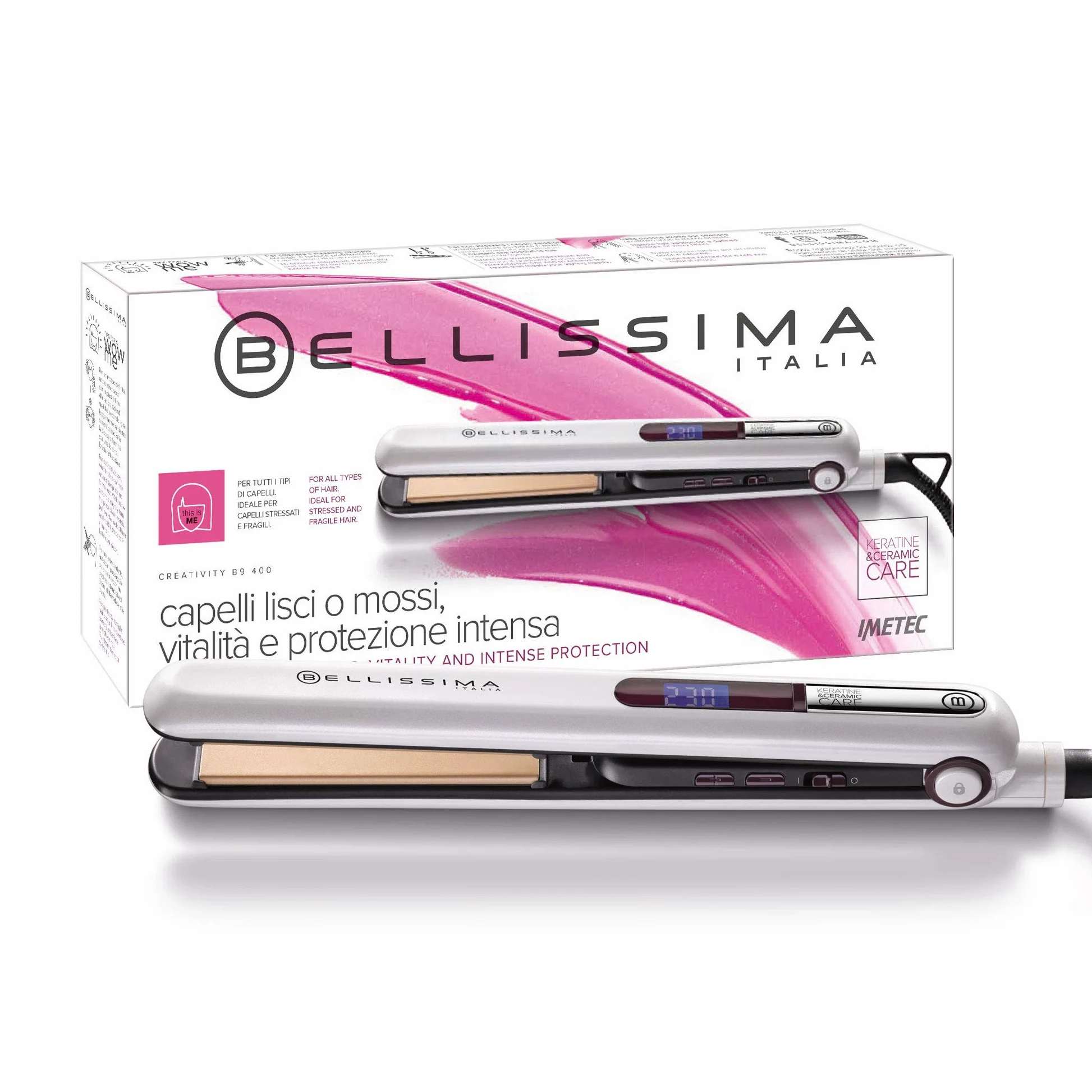 Bellissima Imetec B9 400, Plancha de pelo para peinado liso u ondulado, revestimiento de cerámica y queratina, placas redondeadas, digital, visor LCD | Estilo liso o ondulado | Revestimiento de cerámica y queratina | Placas redondeadas