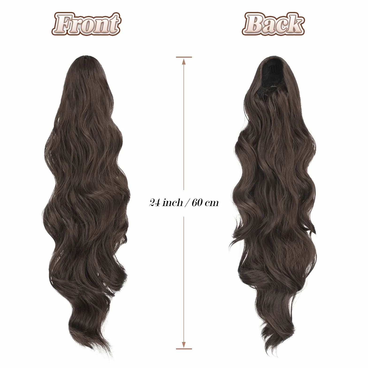 FESHFEN Coleta Postiza Larga 60cm Ondulado Castaño Medio Postizos de Pelo para Mujer