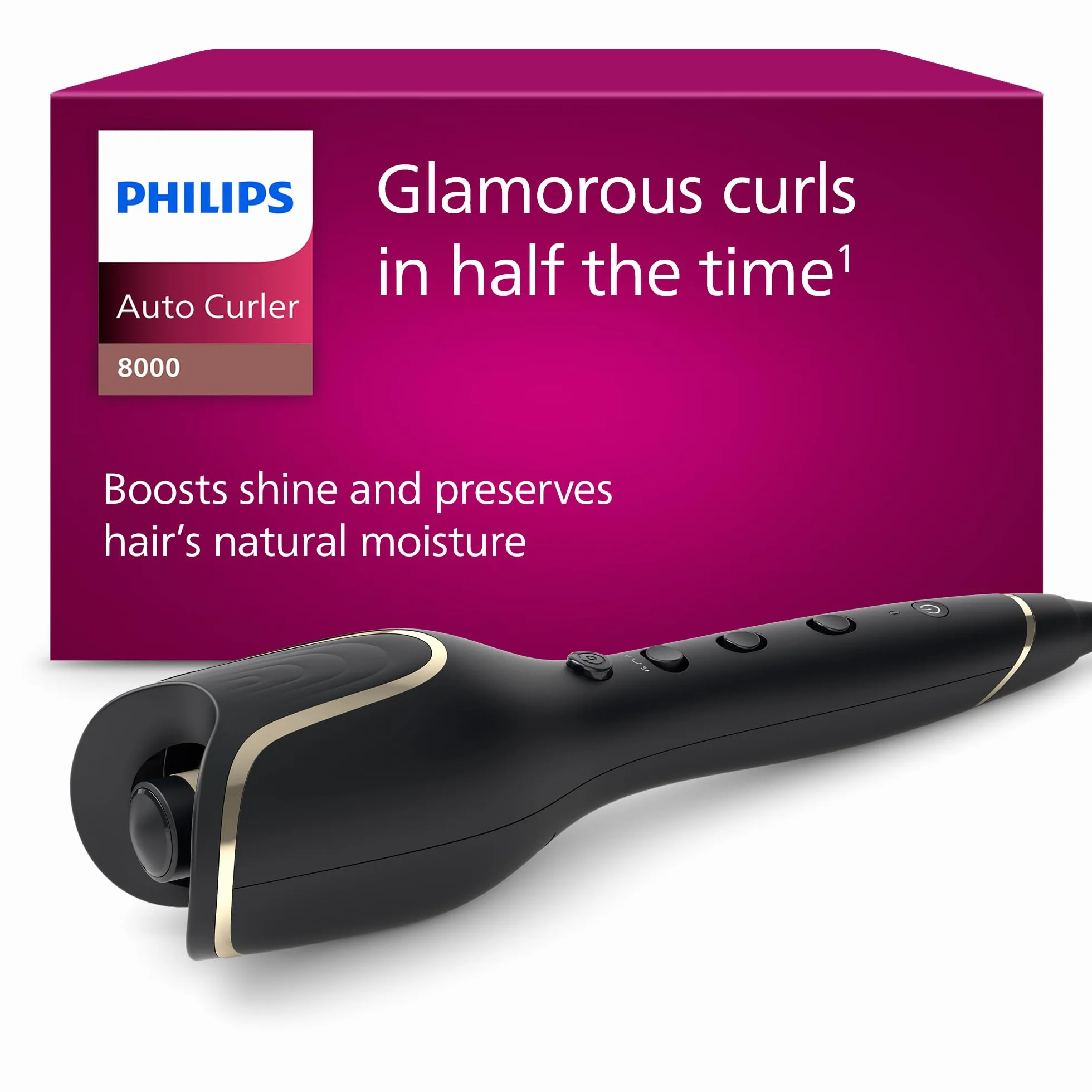 Philips Rizador de Pelo Automatico, con Tecnologia Moisture Protect, Iones, Placas Ceramicas con Keratina, 27 opciones de rizado, BHB876/00, Negro