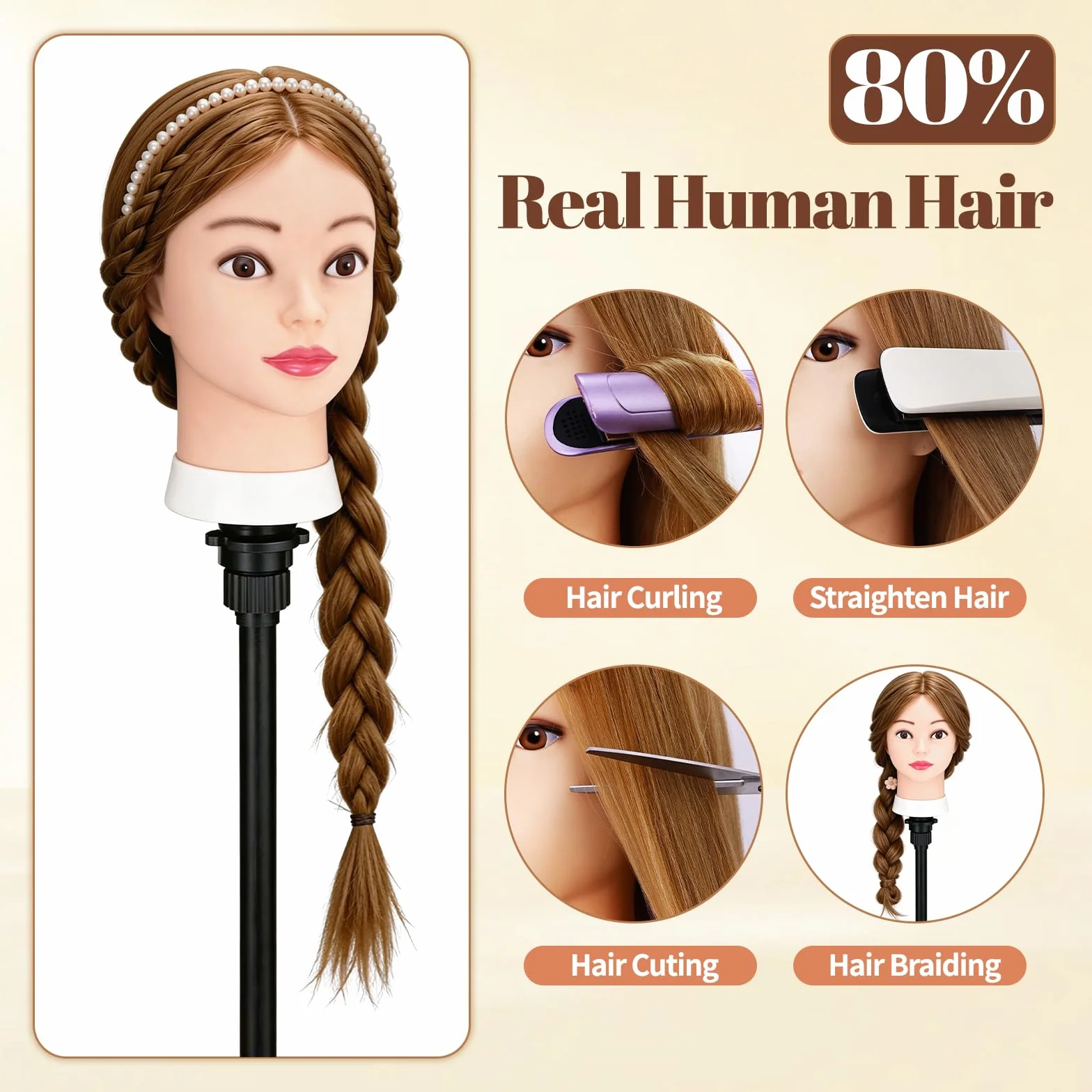 Yofuly Cabeza Maniquí 26inch Cabello Humano 80% Modelo Peluqueria con Abrazadera Mesa Trenzas DIY