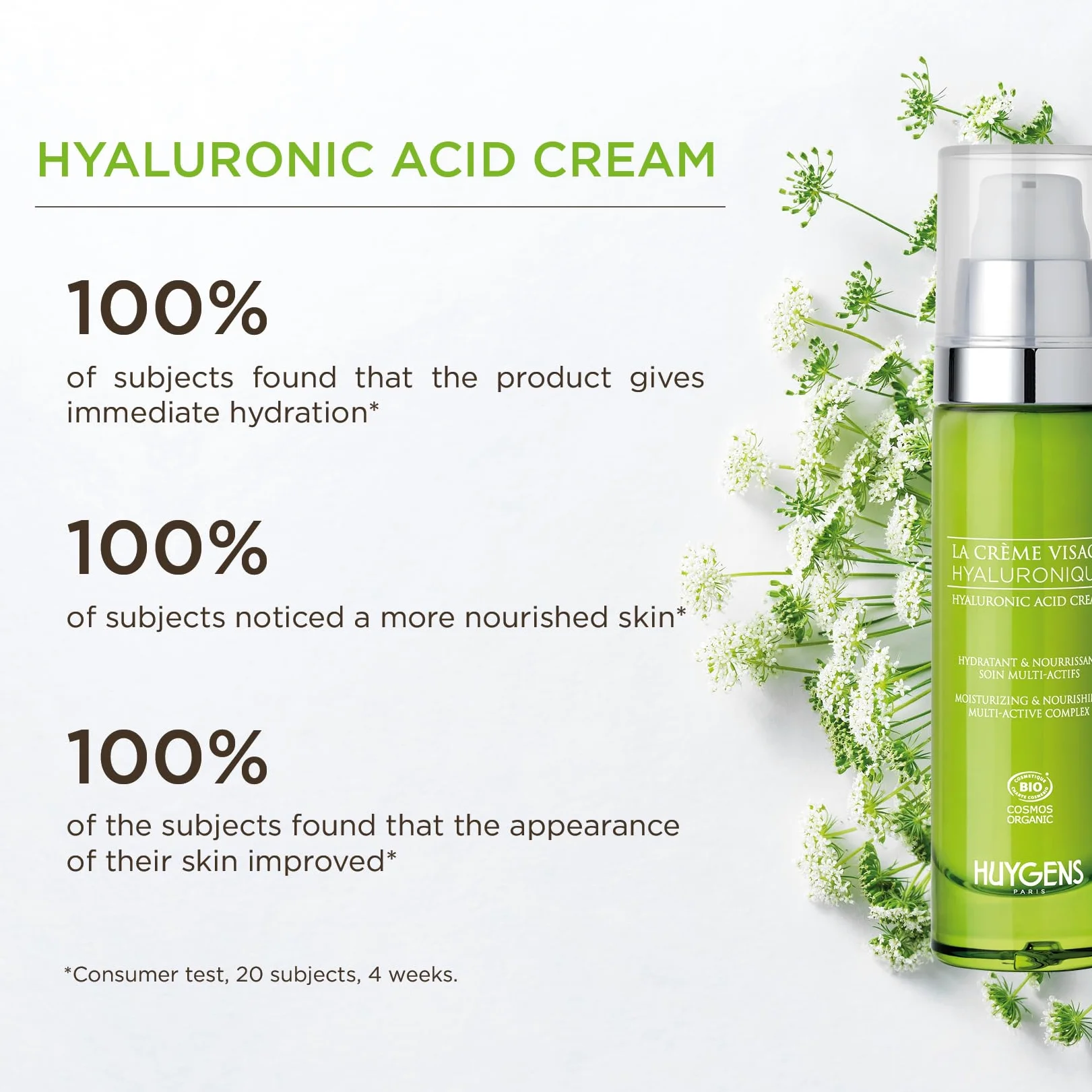 La Crema Hidratante – 100% Hidratación Inmediata – Crema de ácido hialurónico orgánico HUYGENS – Revitaliza y lisa – 50 ml – 100% natural – Made In France