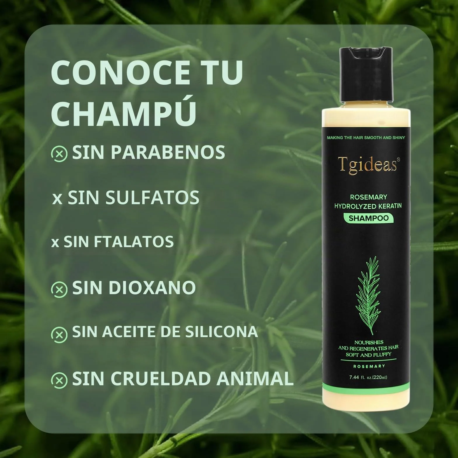 Champú orgánico de romero para crecimiento y fortalecimiento del cabello con queratina hidrolizada 7,4 ml
