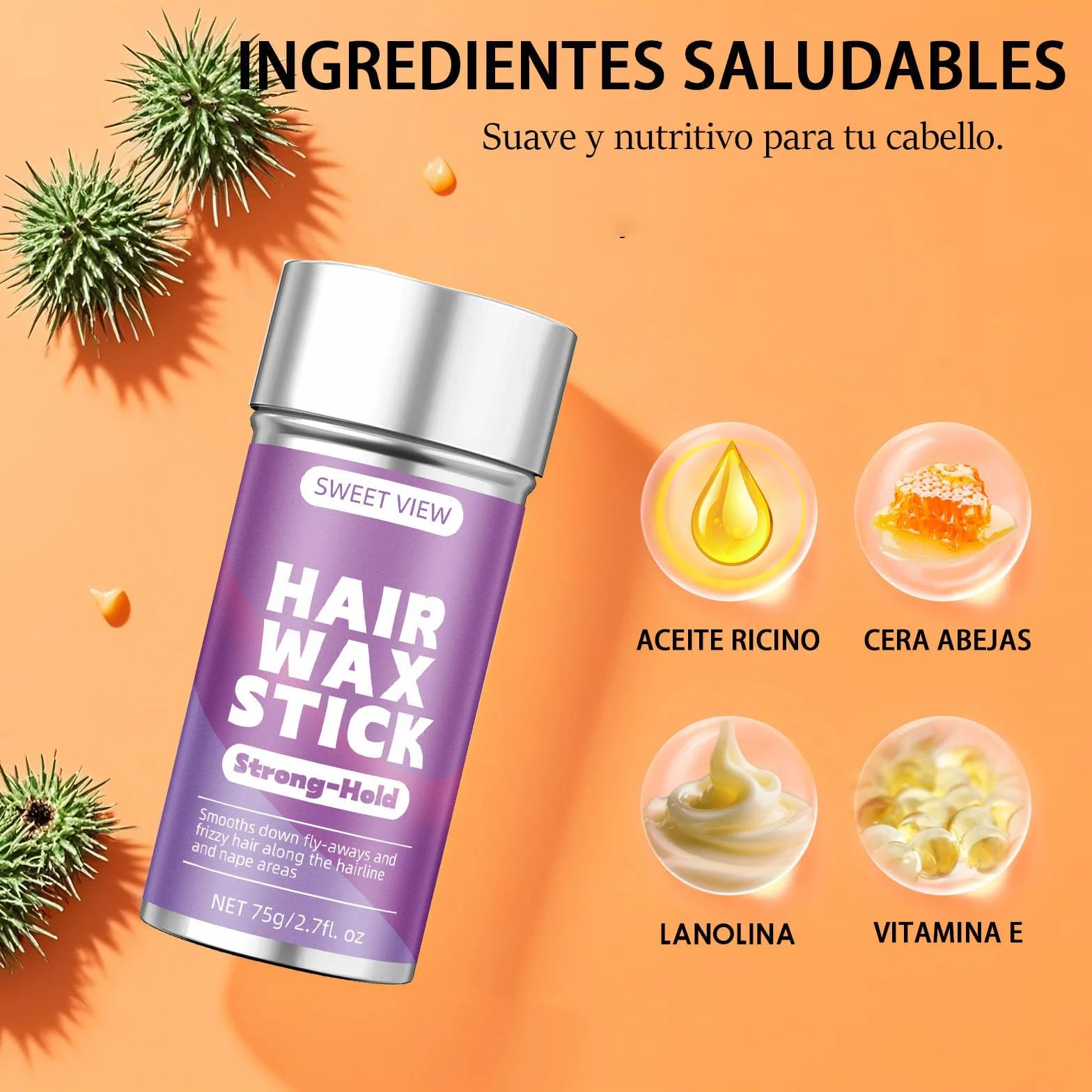 SWEET VIEW Cera para el cabello en barra y cepillo para alisar cabellos rebeldes, accesorio para mujeres, niñas y niños