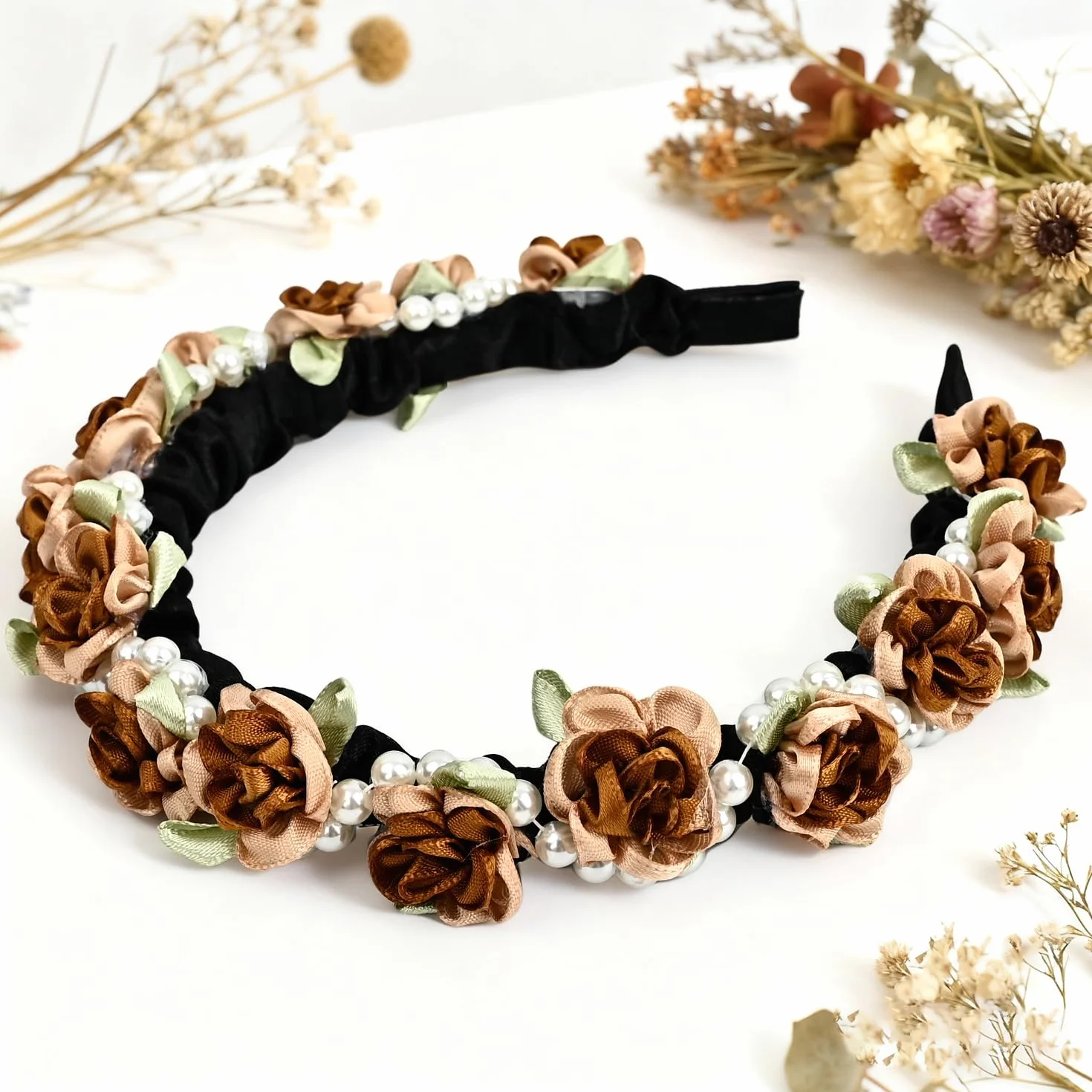 Corona de flores mexicana para novia y damas de honor, accesorio para el cabello marrón