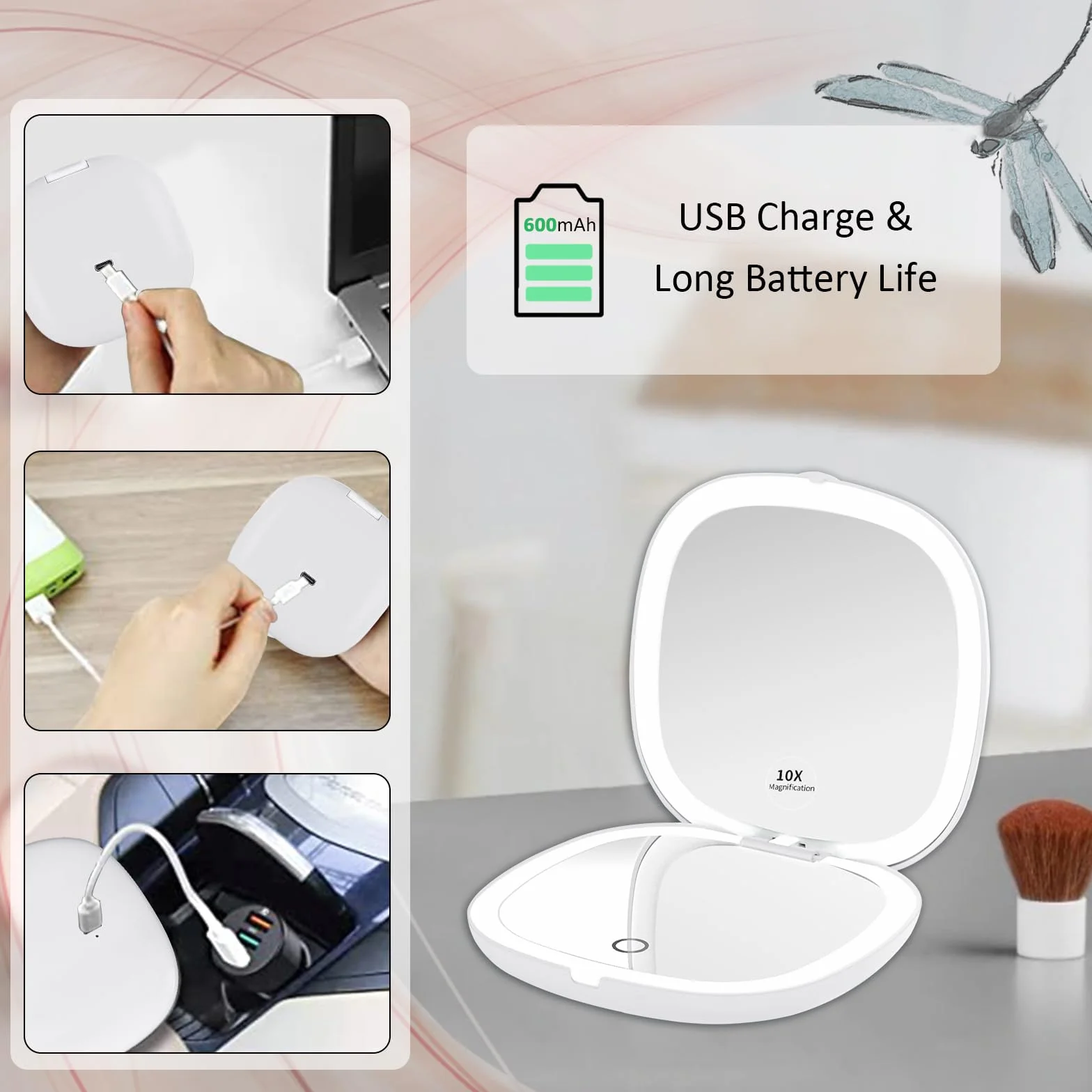 Espejo de Maquillaje LED Compacto Magnificado 1X 10X Carga USB Plegable Doble Cara