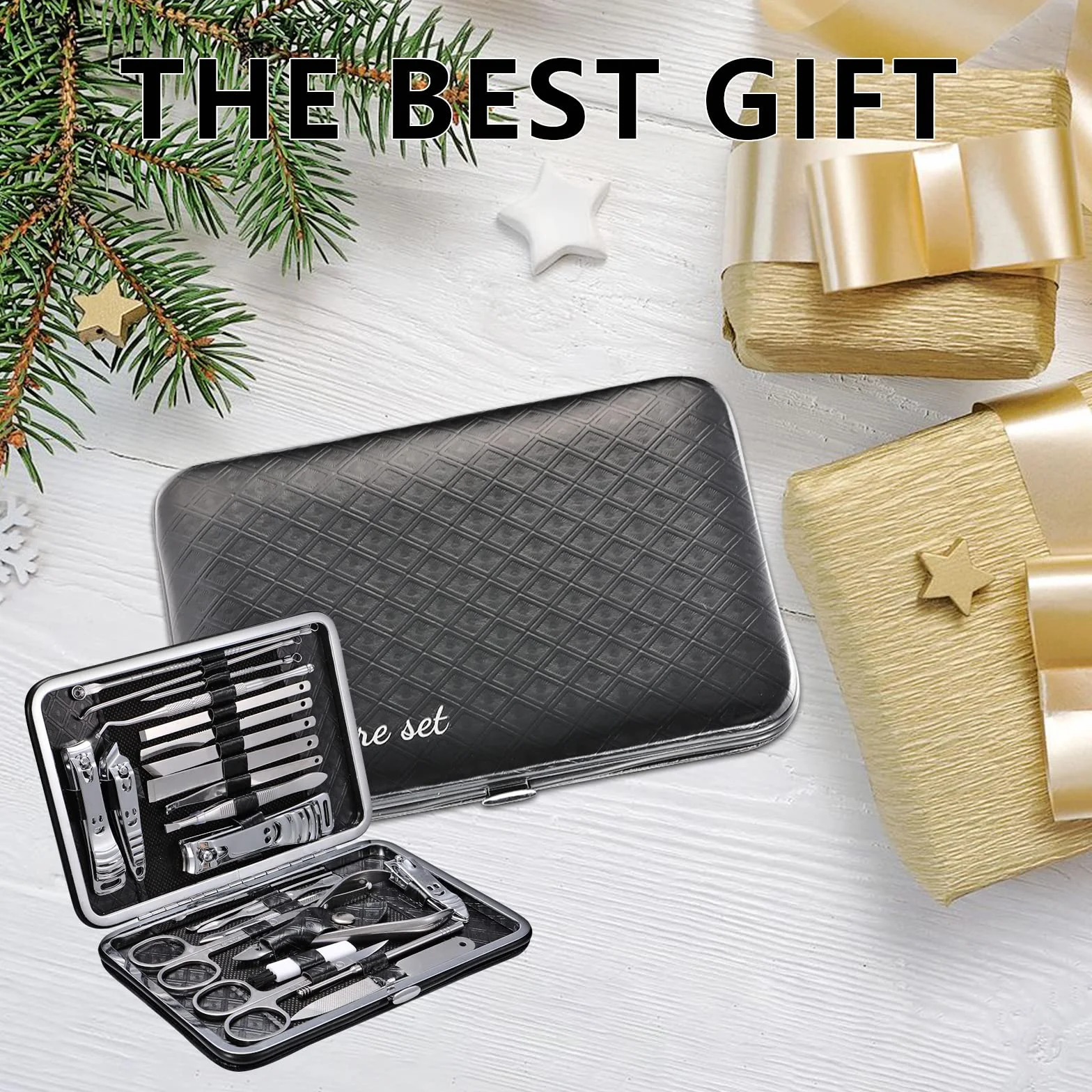 Set de Manicura y Pedicura 23 PCS Acero Inoxidable Profesional Cortaúñas con Estuche de Viaje Cuero Negro/Plata