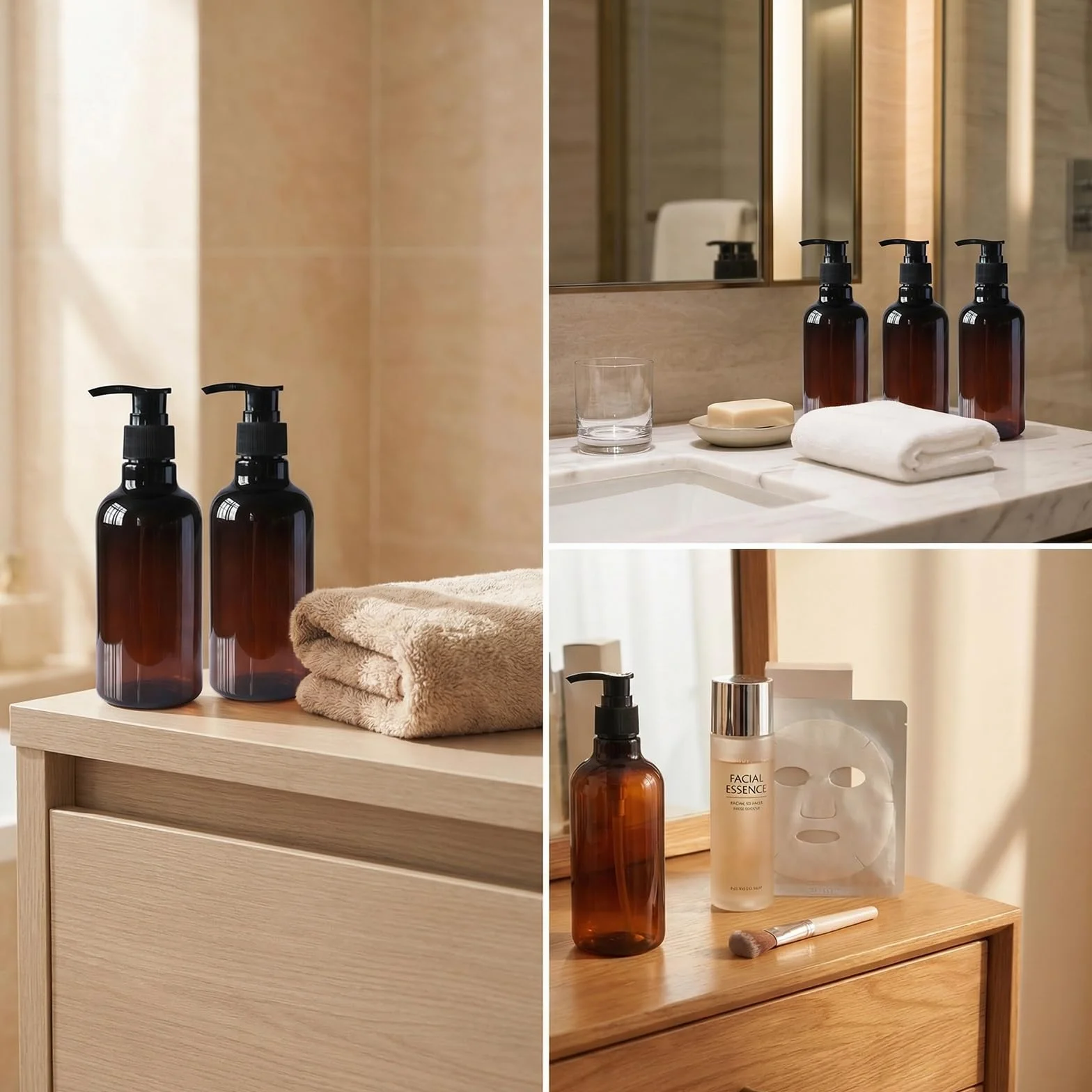 3 Botellas Recargables de plástico de 250ml Color marrón ámbar con Bomba Negra vacía envases de artículos de tocador para champú acondicionador de Pelo Gel de Ducha dispensadores de lociones