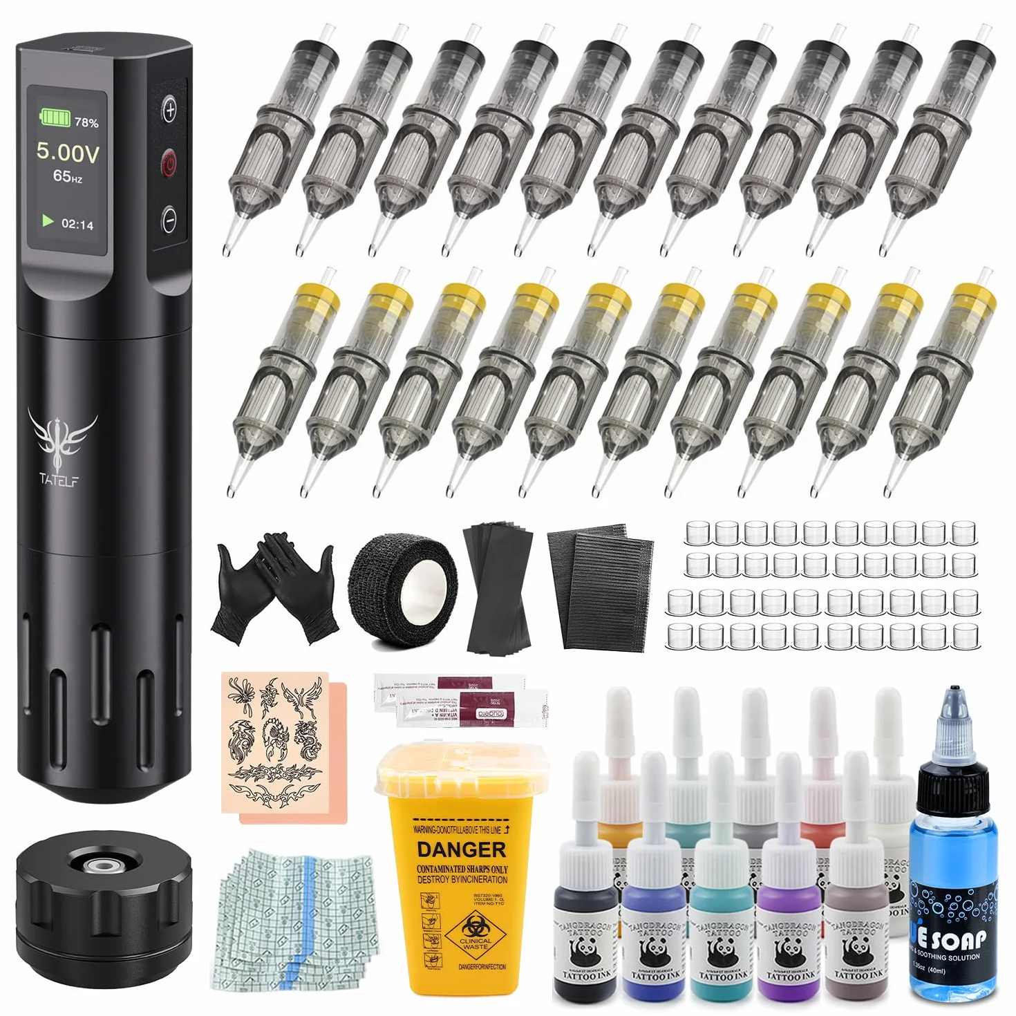 Máquina de Rotativa Inalámbrica con Pantalla LCD y Batería 1600mAh, Conexión RCA, 10 Tintas 20 Agujas para Principiantes y Artistas Kit Completo Profesional TATELF
