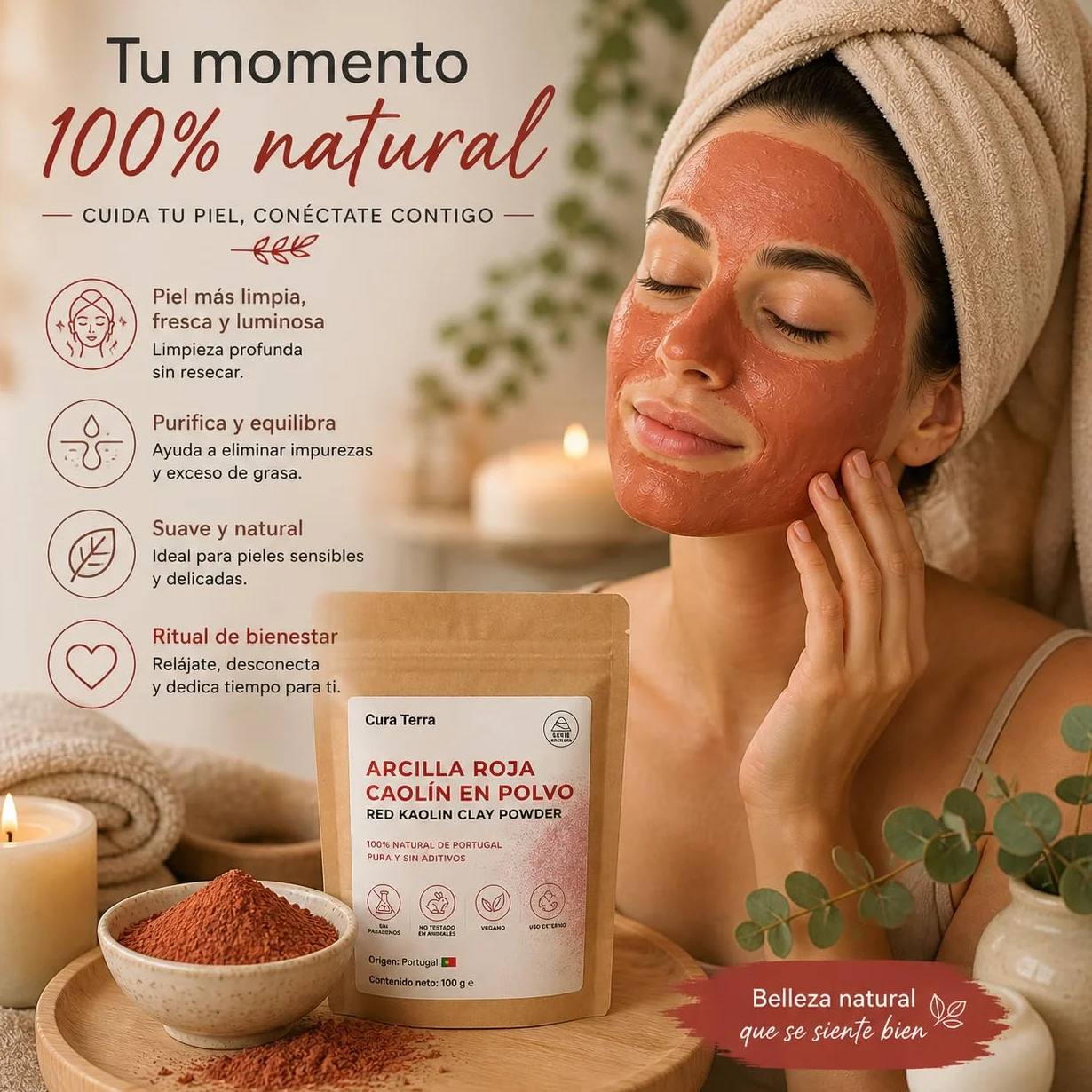 Arcilla Roja Cosmética en Polvo 100% Natural Portugal – Cuidado Facial y Corporal, Jabones DIY – 100 g
