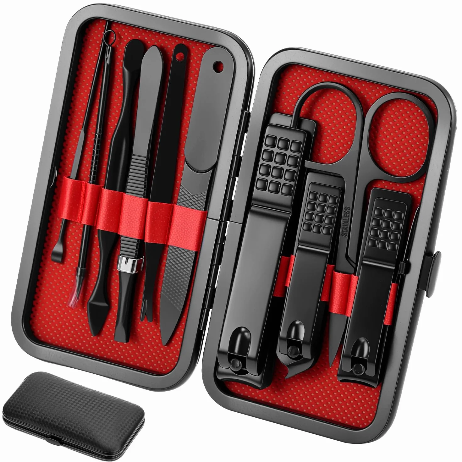 QWORK Juego de Manicura y Pedicura 10 Piezas Cortaúñas Acero Inoxidable Negro Mate Kit Profesional Estuche Cuero Sintético