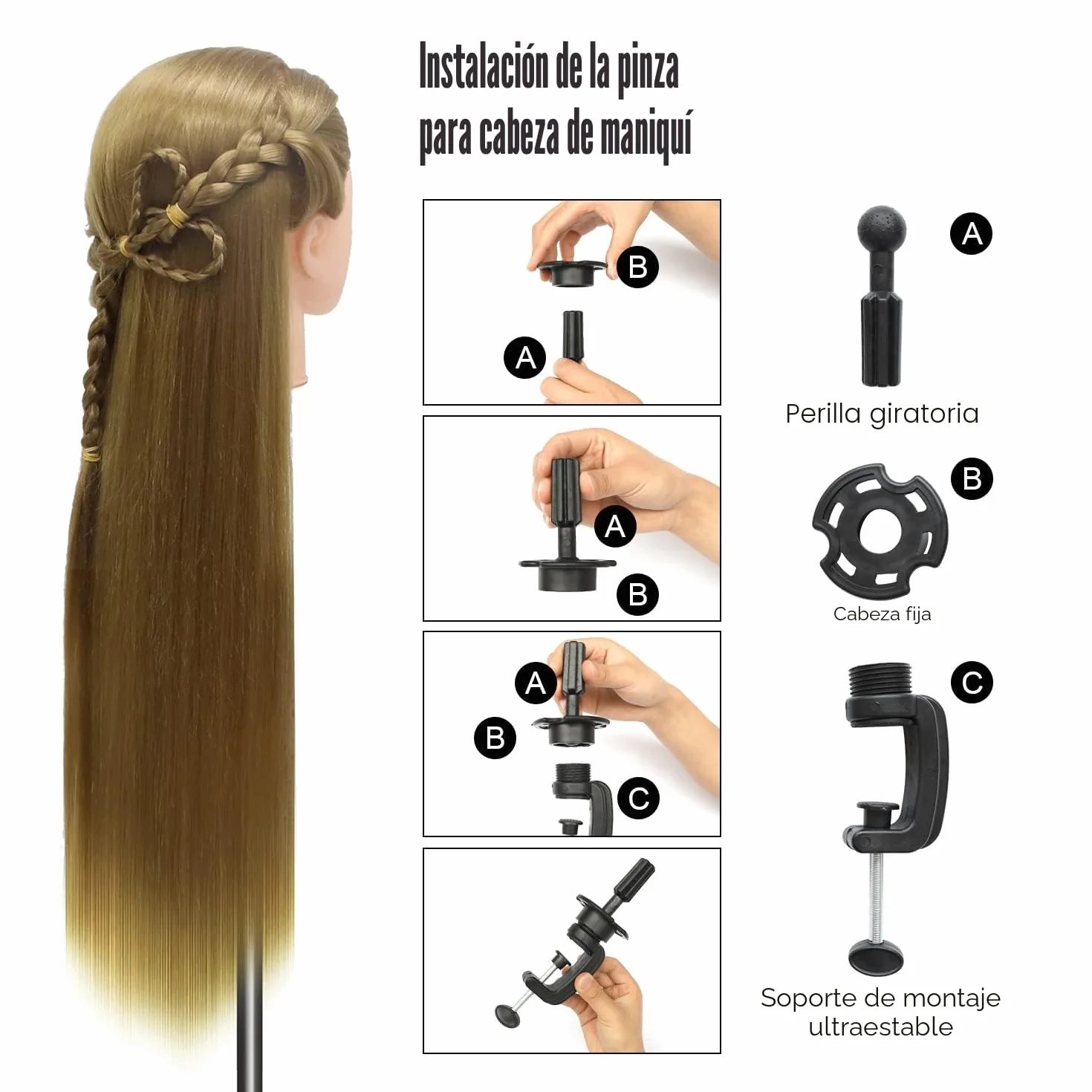 Cabeza Maniquí 28inch Fibra Sintética con Soporte Accesorios Peinado DIY