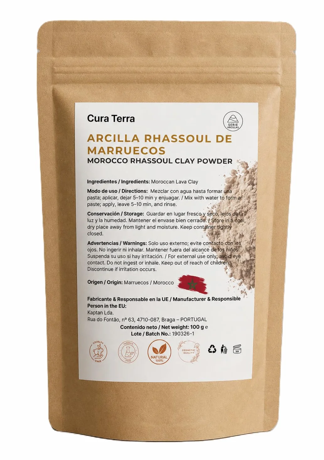 Arcilla Rhassoul Ghassoul de Marruecos 100% Pura – Polvo de Arcilla Volcánica Natural para Rostro, Cabello y Cuerpo – 100 g
