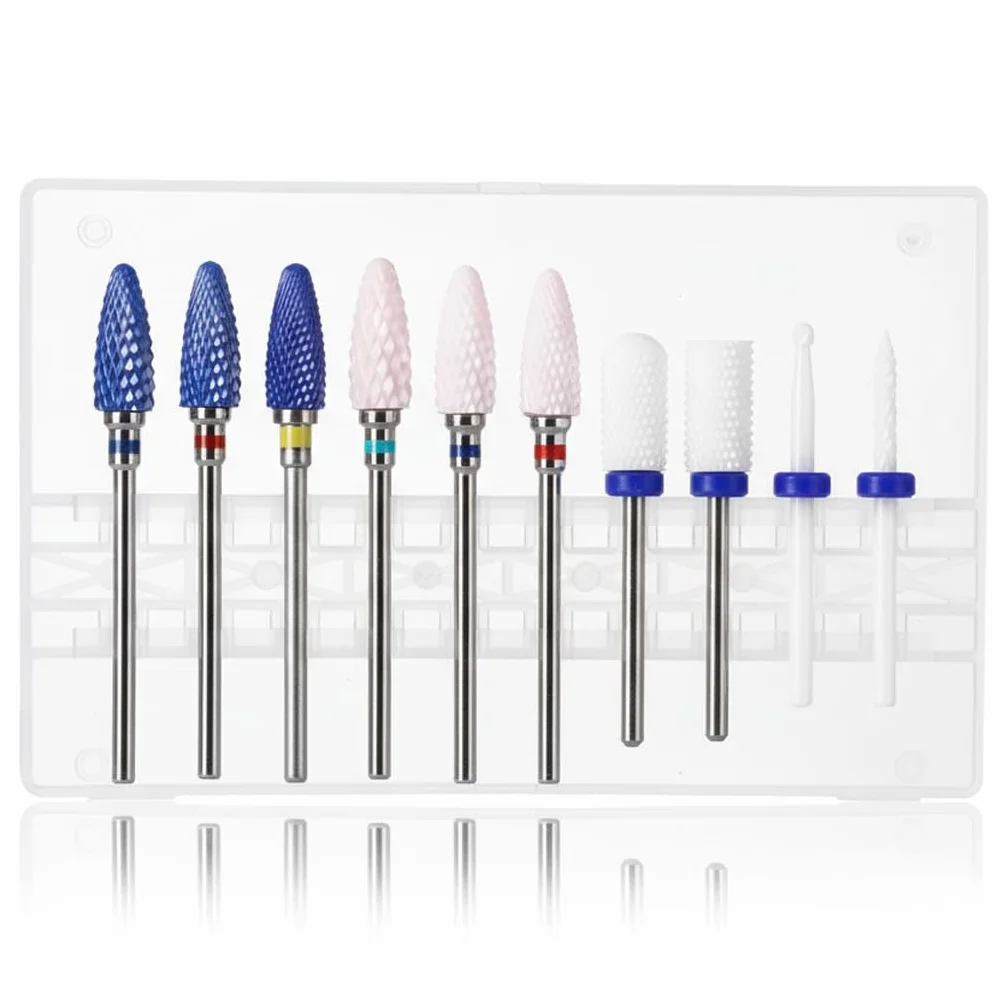 Juego de brocas de cerámica para uñas acrílicas Gel Polish Professional, kit de brocas de uñas Efile de 3/32 pulgadas para herramientas de arte de uñas con soporte, 10 unidades (S10-B)