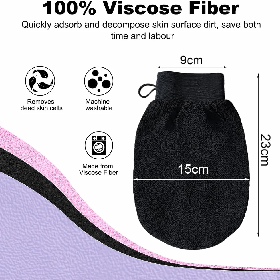 Guante Exfoliante Corporal, 3pcs Manoplas Exfoliantes, Guante Crin Ducha Unisex, Accesorios de Baño Negro Rosa Morado