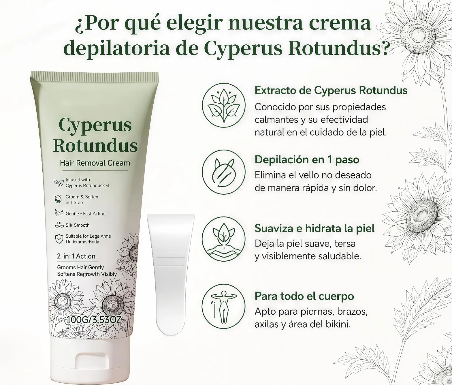 Cyperus Rotundus Crema Depilatoria 2 en 1 Corporal Humectante Para Piernas Pecho Vientre Axilas