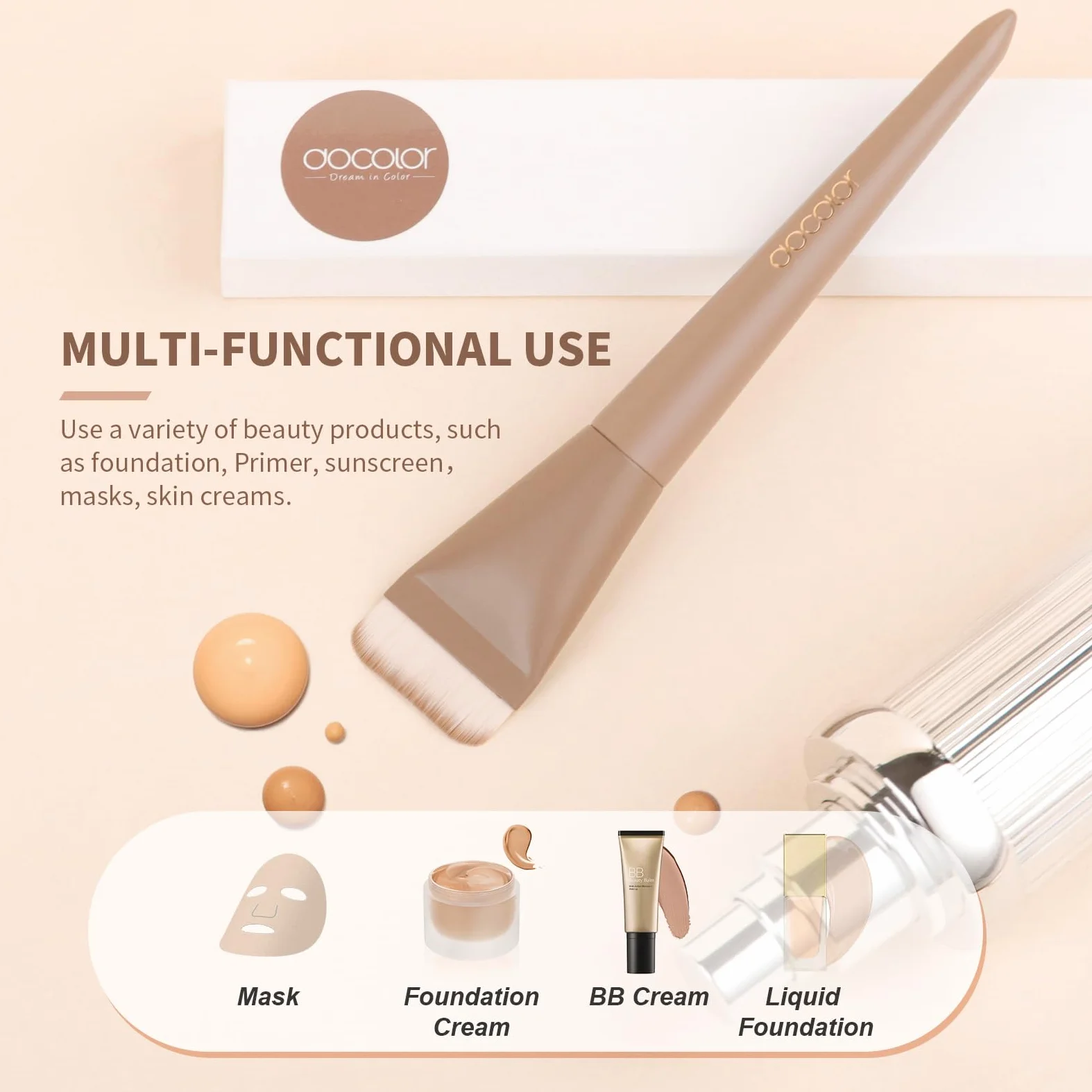 Docolor Brocha Plana para Maquillaje Líquido, Brocha Ultrafina Facial Profesional Premium para Base Líquida y Cremas, Herramienta de Korean Maquillaje Facial Delgada con Diseño Plano, Color Caqui