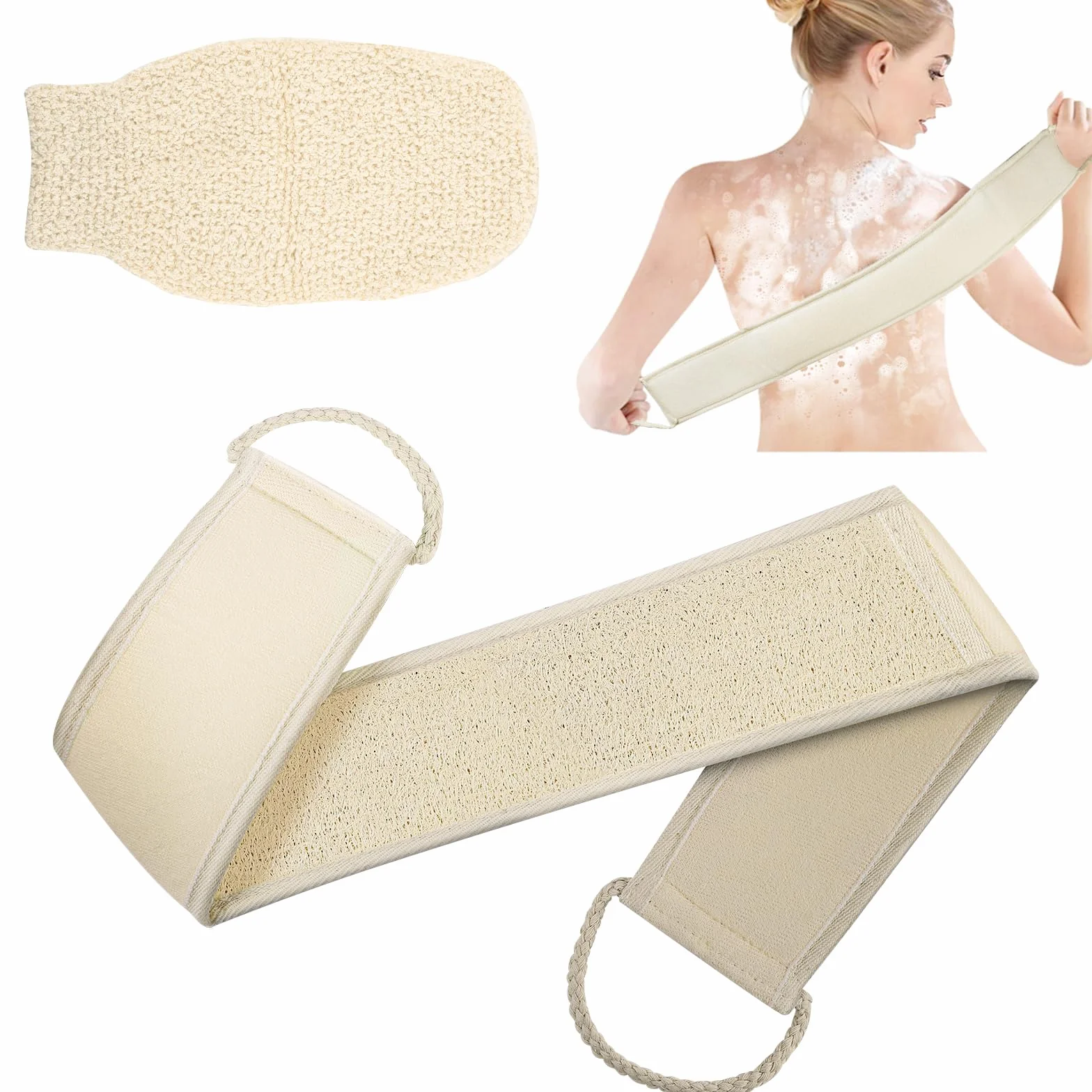LOPHE Juego de estropajo exfoliante 2 Piezas Loofah Baño Guantes Exfoliantes Cáñamo Natural Cinturón Ducha Lufa