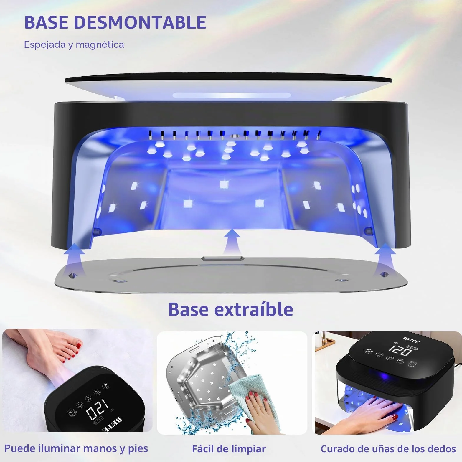 ‌Lámparas UV LED inalámbricas BETE 60W - Secador de esmalte gel recargable con sensor automático, 30 perlas y 4 ajustes de temporizador portátil para uso doméstico/salón Negro