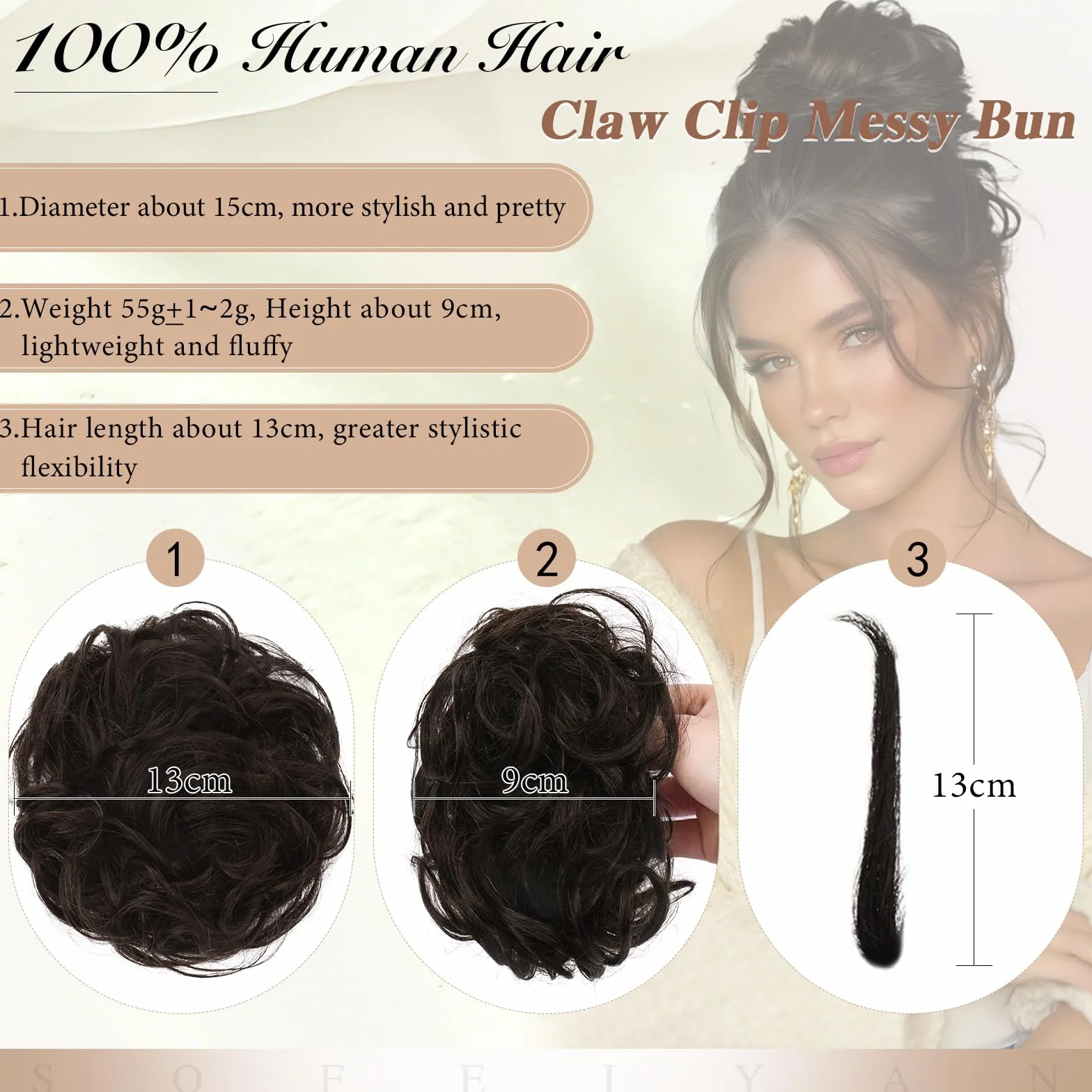 Moño de Cabello Humano Rizado y Esponjoso con Pinza, Extensiones de Cabello con Clip para Mujeres