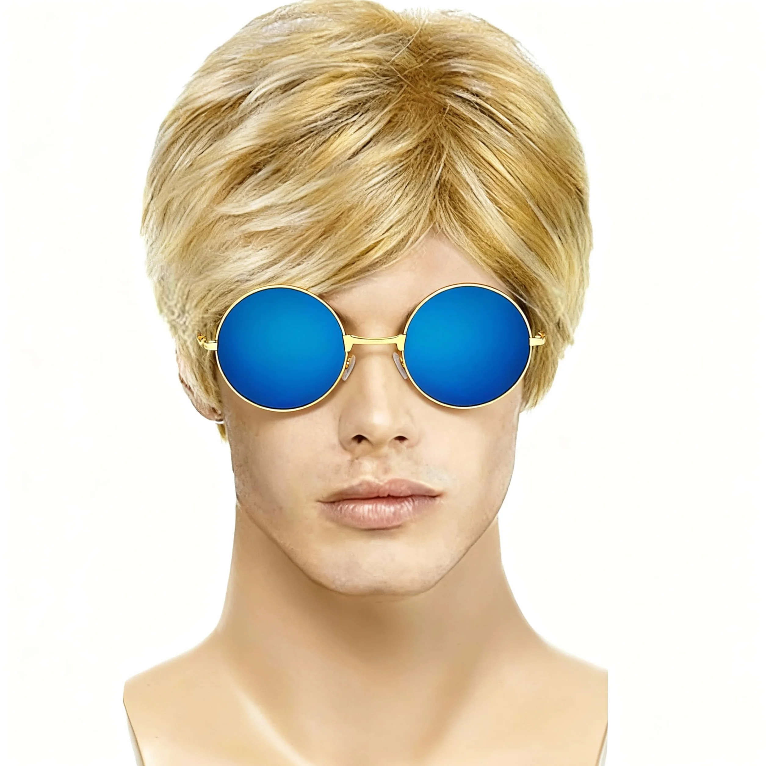 Set Peluca Hombre Rockero Años 80 con Gafas de Sol, Peluca Corta Rubia Rizada Fibra Sintética Resistente al Calor, Disfraz Fiesta Carnaval Halloween