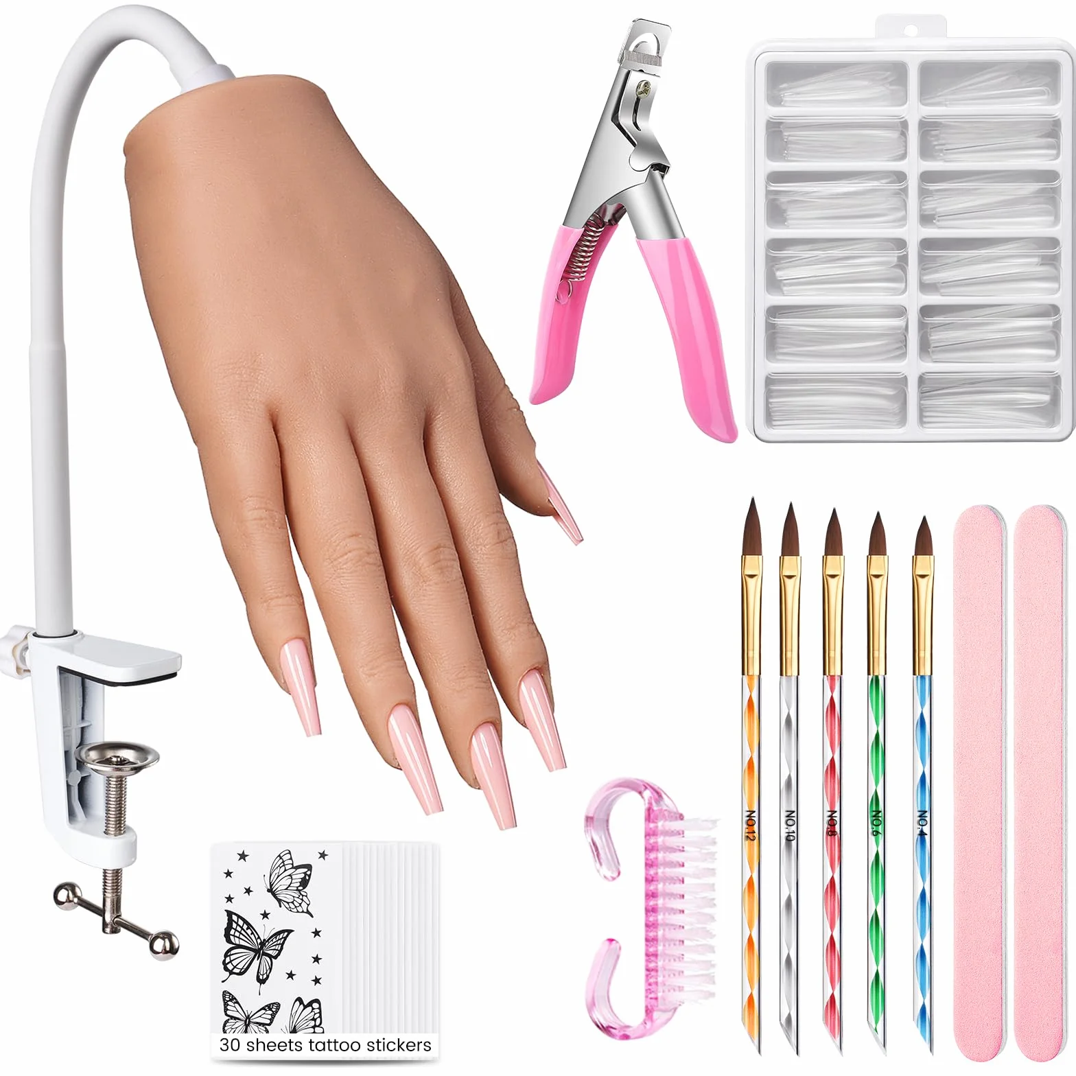 Deciniee Mano para Practicar Uñas: Silicona Mano de Practicas de Uñas Con 240 Puntas De Uñas/5PCS Set de Nail Art Cepillo/Archivo De Uñas – Manicura De Uñas
