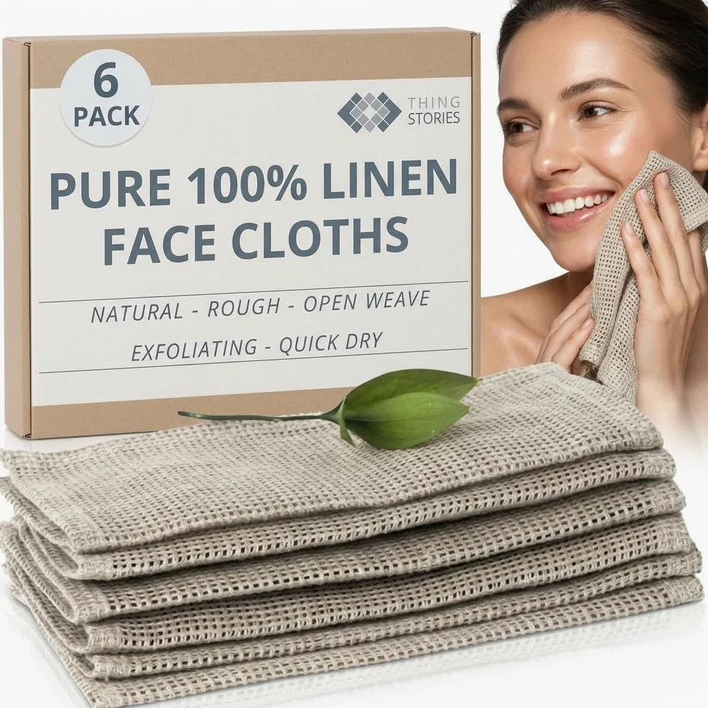 Paños removedores de maquillaje reutilizables – Paños 100% lino puro – Paquete de 6 toallitas faciales lavables de tejido abierto de 8 x 8 pulgadas