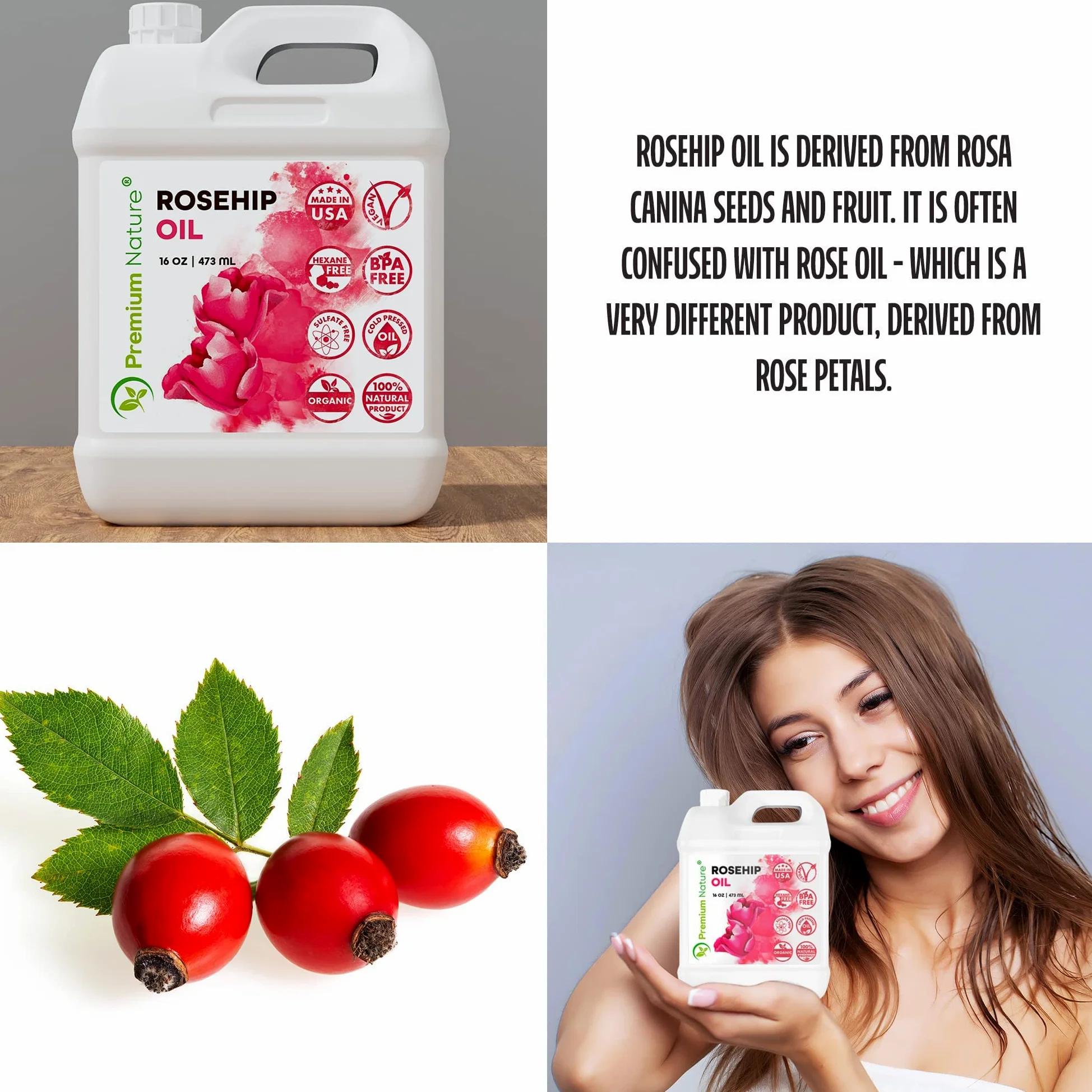 Aceite de rosa mosqueta para piel, cara, cuerpo, cabello, uñas, prensado en frío, sin refinar, aceite de rosa mosqueta, hidratante, masa, aceite de rosa mosqueta puro, 100 aceite de rosa mosqueta