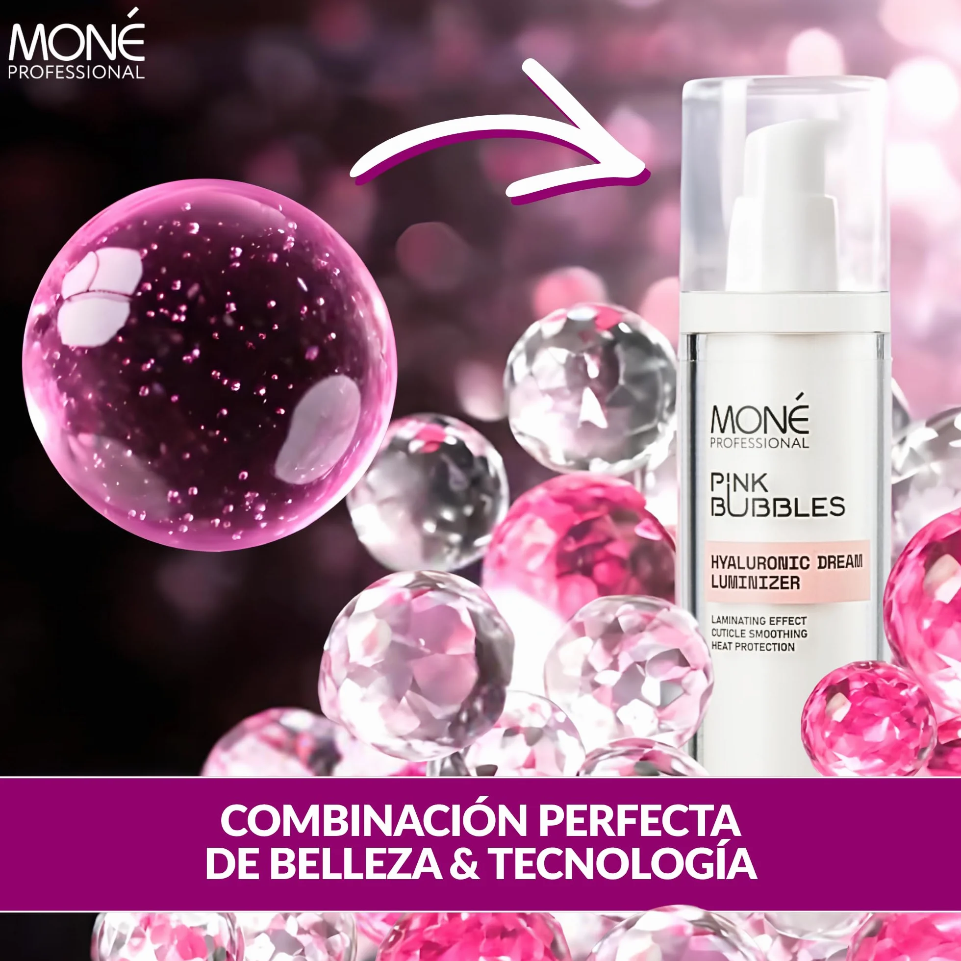 MONÉ PROFESSIONAL Hyaluronic Dream Luminizer - Serum Pelo Seco y Dañado, Reparación, Protector Térmico, Anti-Frizz, Potenciador del Brillo, Sin Aclarado, Hyaluronic Acid