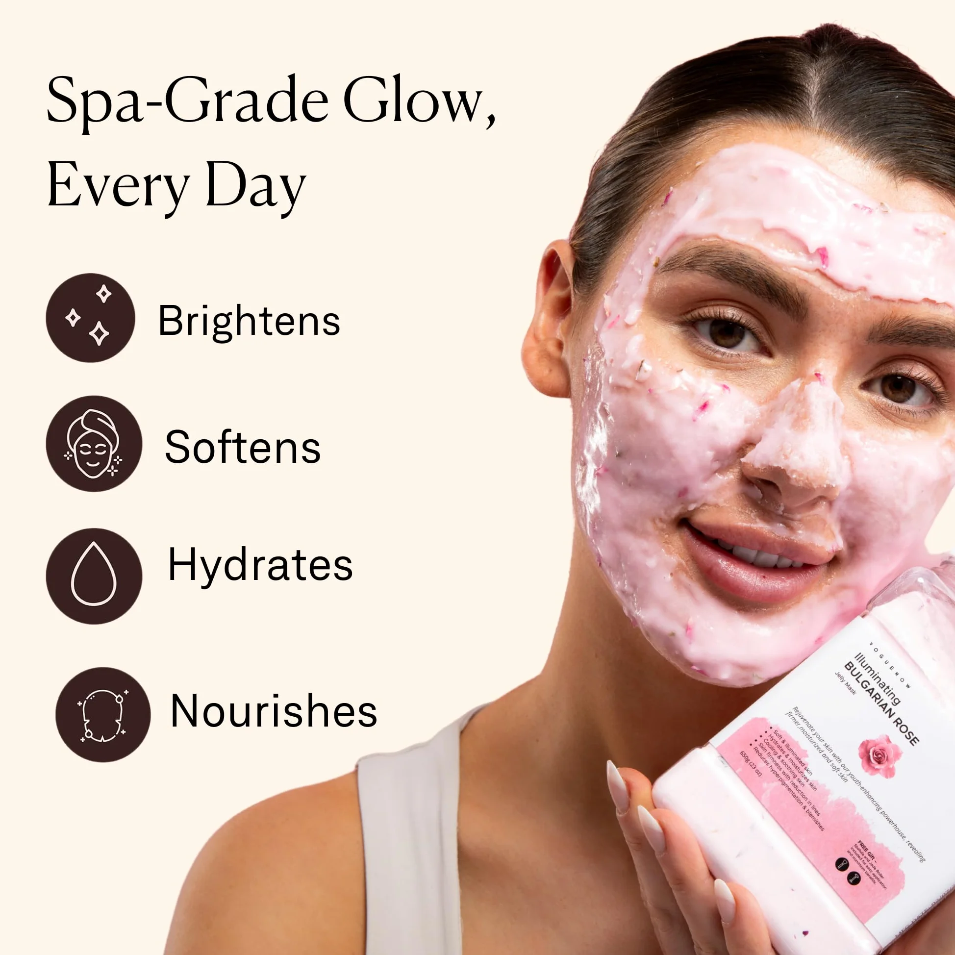 VogueNow Mascarilla facial de gelatina para tratamientos faciales - Mascarilla de gelatina hidratante, iluminadora y nutritiva de rosa búlgara con rodillo de jade y espátula gratis (Juego de 3 piezas)
