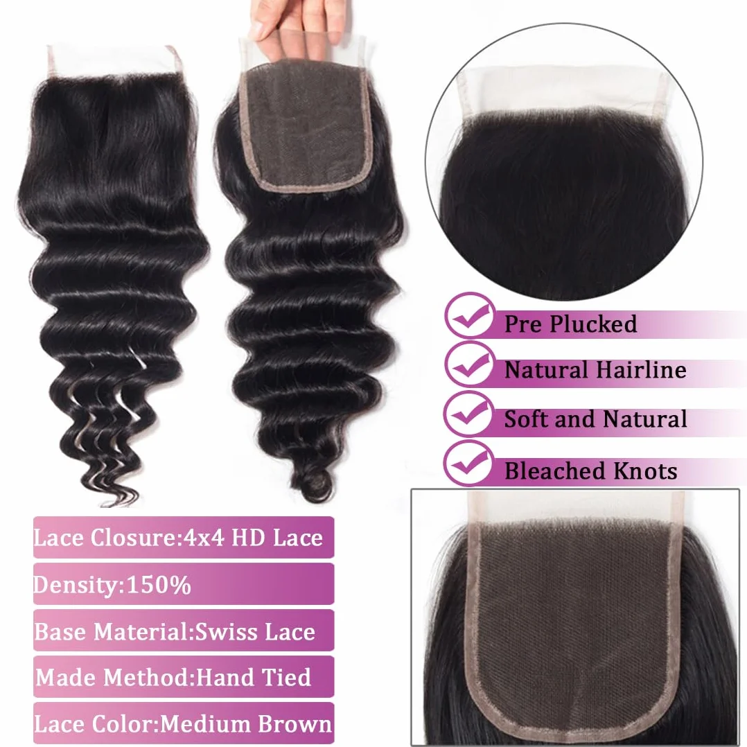 3 paquetes sueltos de onda profunda con cierre de encaje HD de 4 x 4 pulgadas, 16, 18, 20+14 pulgadas, 100 % sin procesar, cabello brasileño Remy húmedo y ondulado con cierre, cabello humano