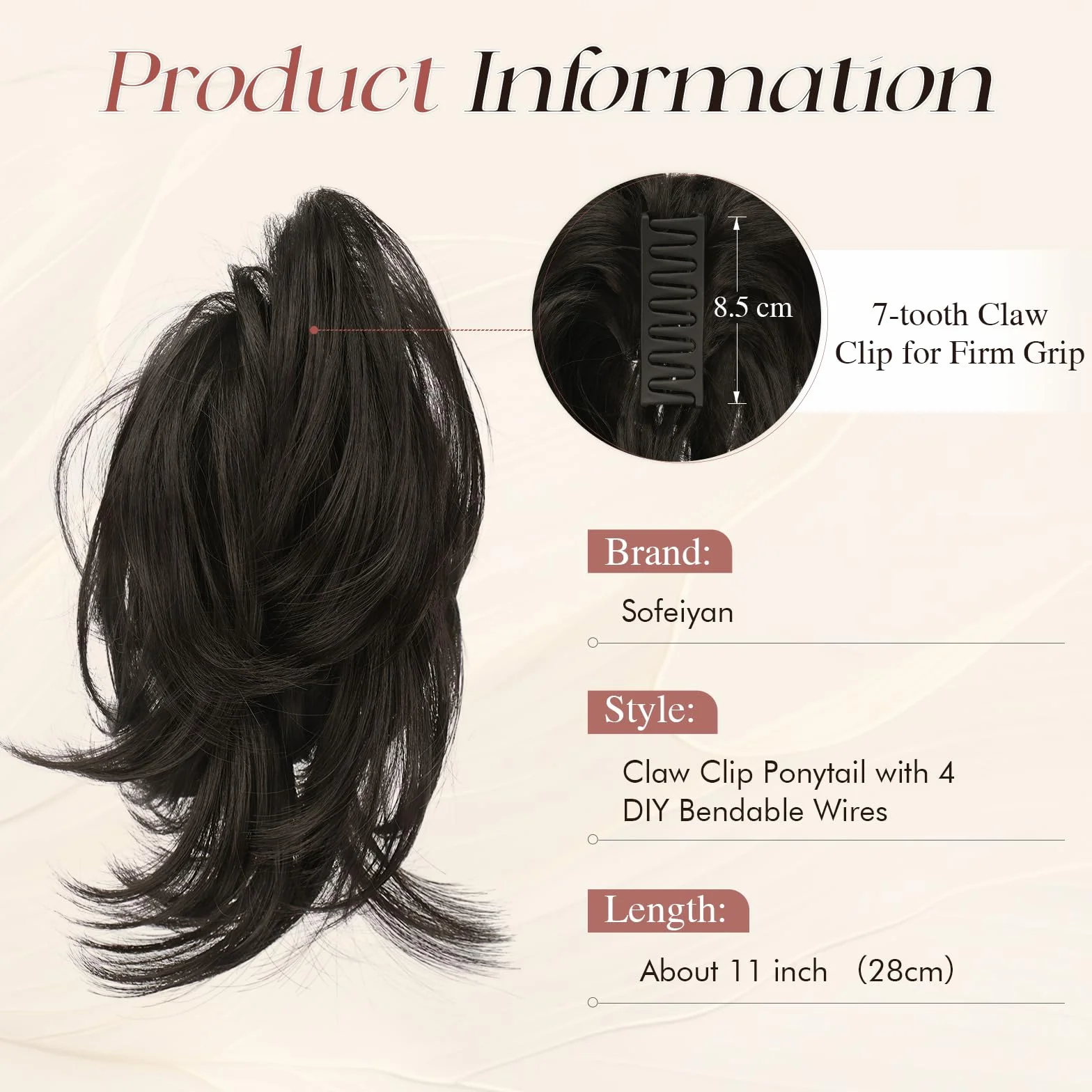 Postiza con Pinza Natural, Peluca Coleta Corta Liso con Alambre Flexible para Peinados DIY, Extensiones Sintéticas de Cola de Caballo para Mujeres, Negro Marrón