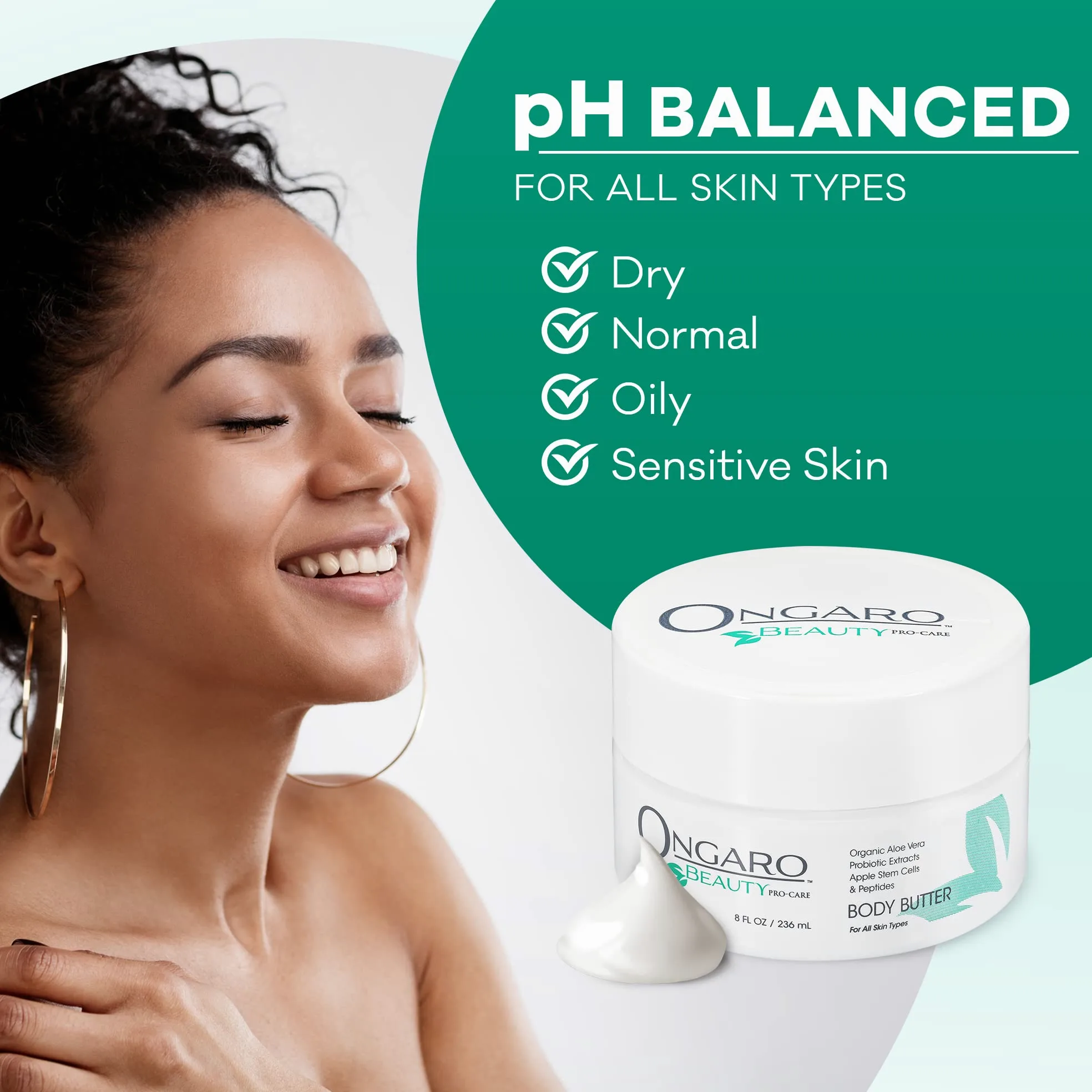 La Manteca Corporal Orgánica de Ongaro Restaura, Suaviza e Hidrata la Piel Seca, Aroma Fresco y Limpio; con Tecnología Probiótica, Aloe Vera, Células Madre de Manzana, Péptidos y Vitamina C y E; 8 oz