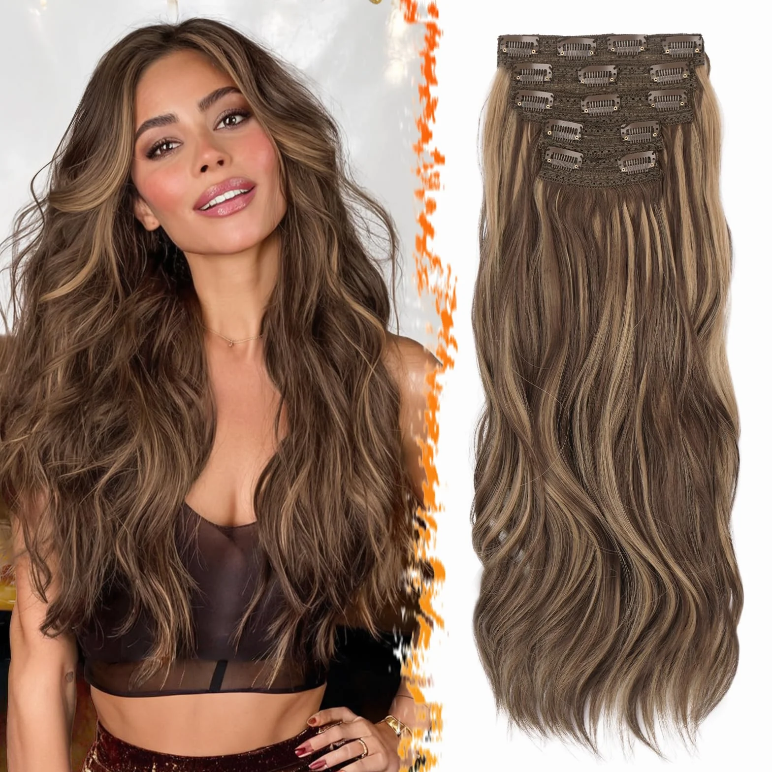 BARSDAR Clip en Extensiones de Cabello 50cm Ondulado 5 Piezas Marrón con Rubio Miel