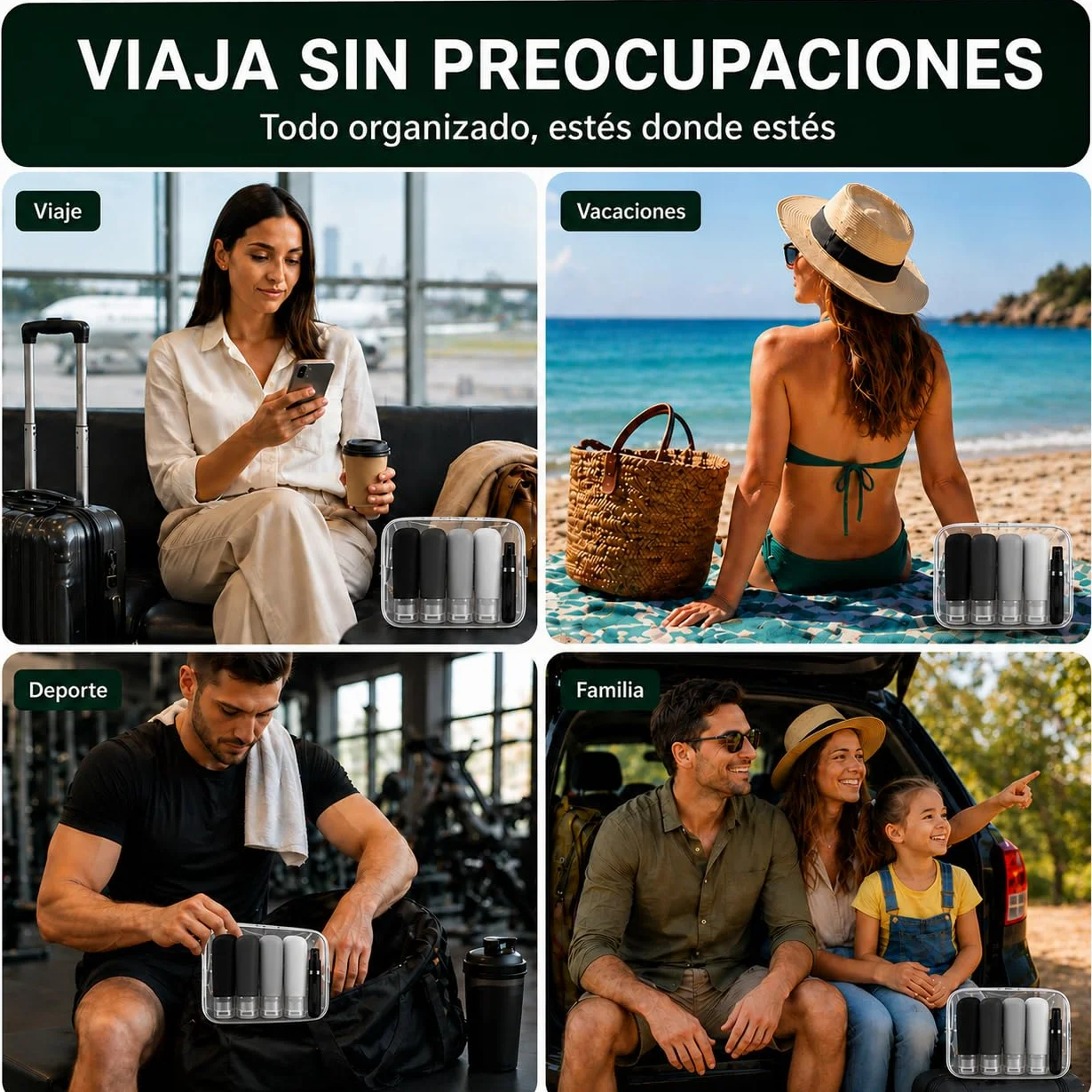 Kit Viaje Neceser Transparente Botes Rellenables 90ml + Atomizador Perfume Recargable 5ml