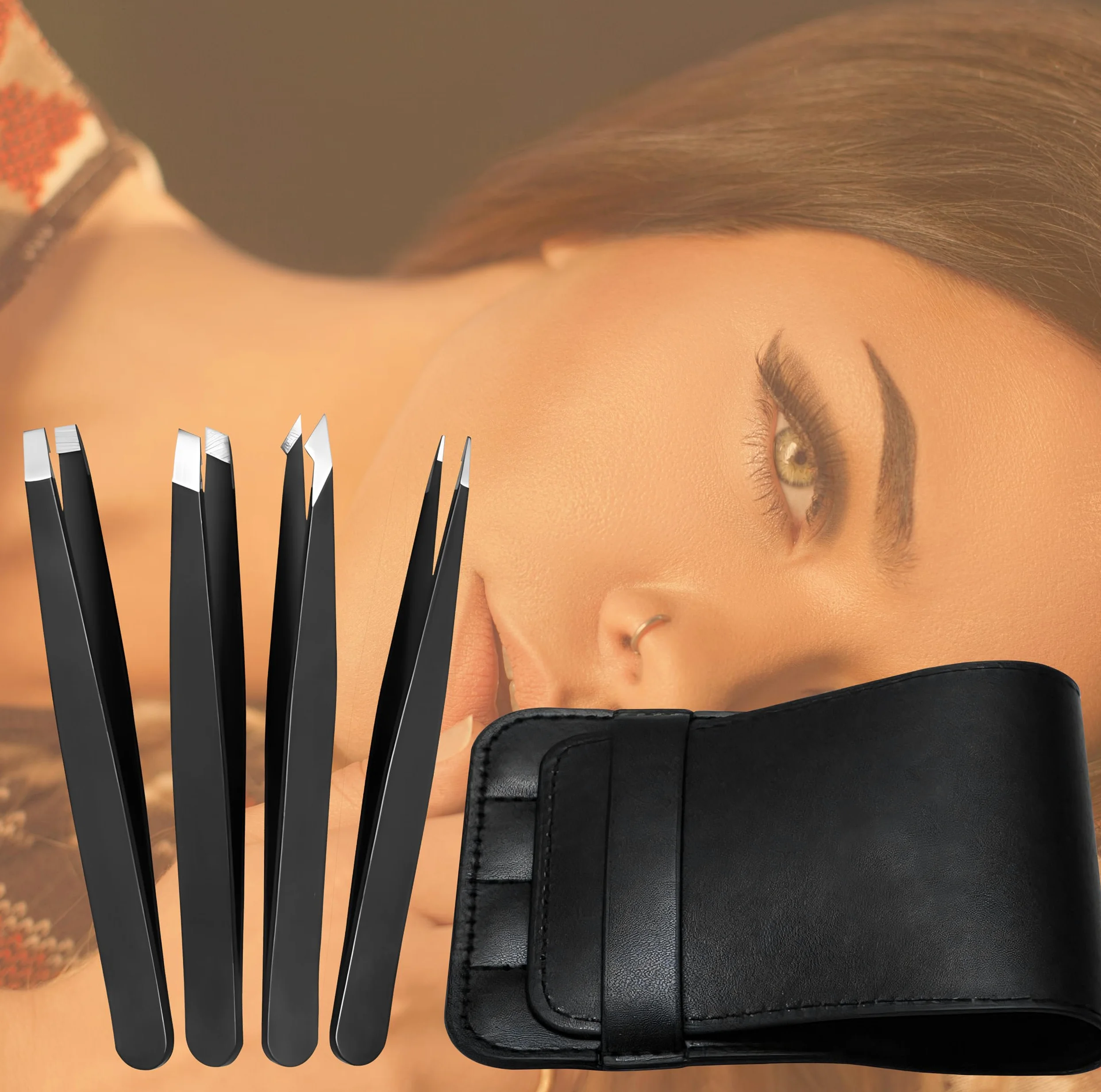 Juego de 4 pinzas, pinzas profesionales de acero inoxidable de alta calidad para hombres y mujeres, pinzas de precisión para depilación facial, barbilla y vello encarnado, incluye estuche de viaje