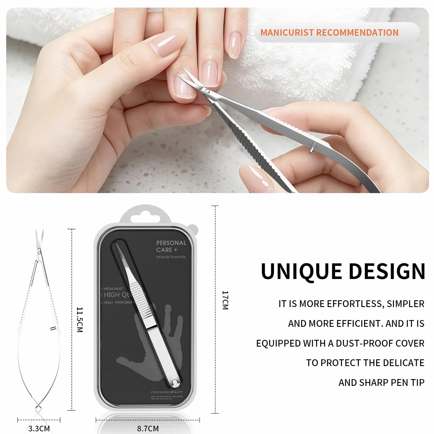 ZIZZON Tijeras para cutículas Punta puntiaguda extrafina curva Kit de aseo profesional para uñas