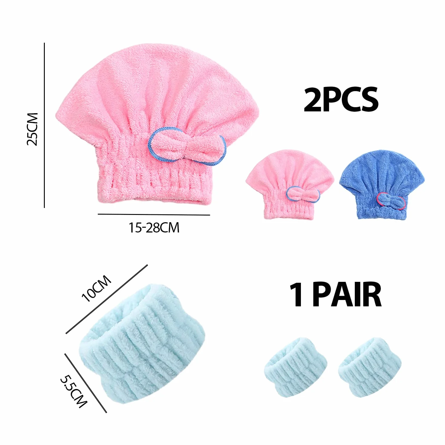 MEMOFYND Toallas para el Cabello de Microfibra, Gorro para el Cabello Seco, Muñequeras para Lavado de Cara (Azul, Rosa)