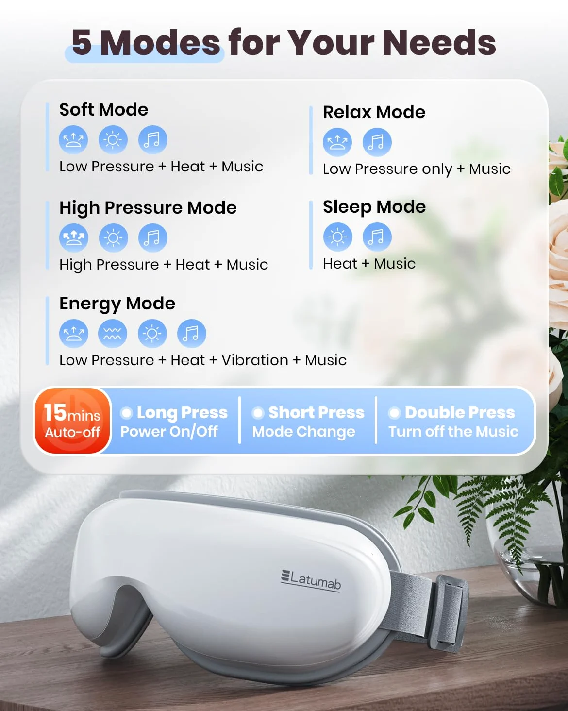 latumab Masajeador de ojos con calor, máscara de ojos calentada con música Bluetooth, masajeador facial, máscara para aliviar la migraña y el dolor de cabeza, sueño mejorado, regalos de cumpleaños